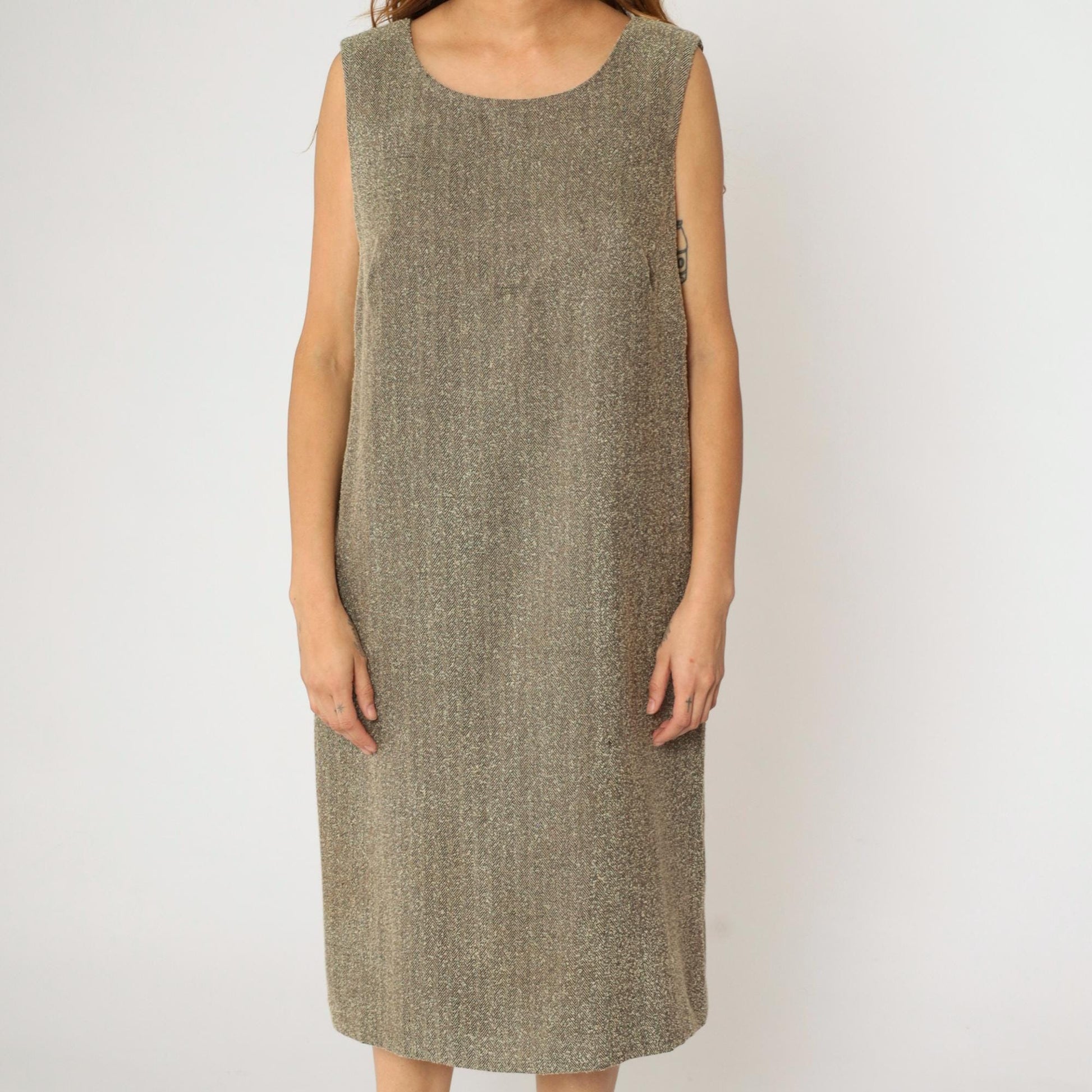 Y2K Leslie Fay Brown Herringbone Midi Dress Sleeveless Sheath Plus Size 14W