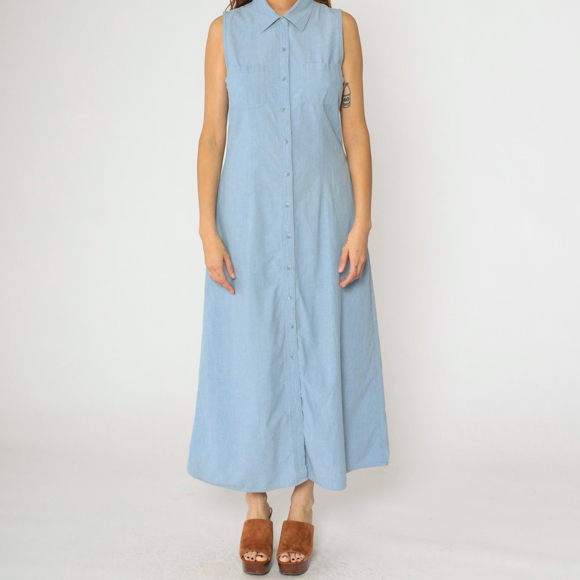 90s Blue Chambray Button-Up Midi Dress Sleeveless Collared A-Line Small S