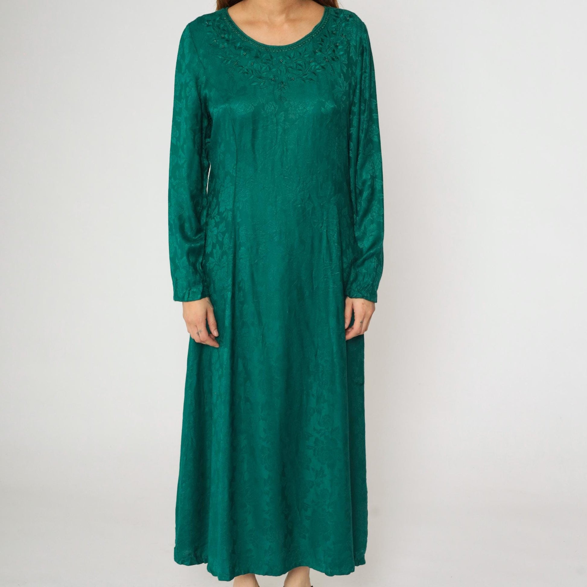 90s Sarah Elizabeth Green Floral Jacquard Maxi Dress Beaded Embroidered Medium 8