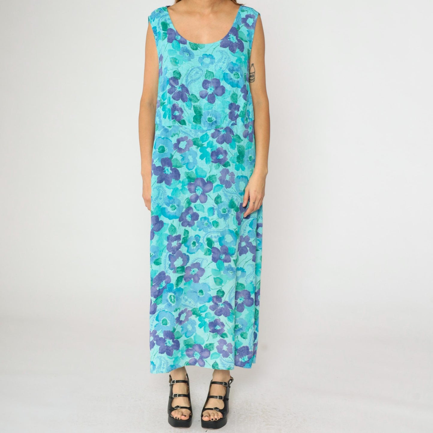 90s Aqua Watercolor Floral Paisley Maxi Dress Sleeveless Rayon Plus Size XXL