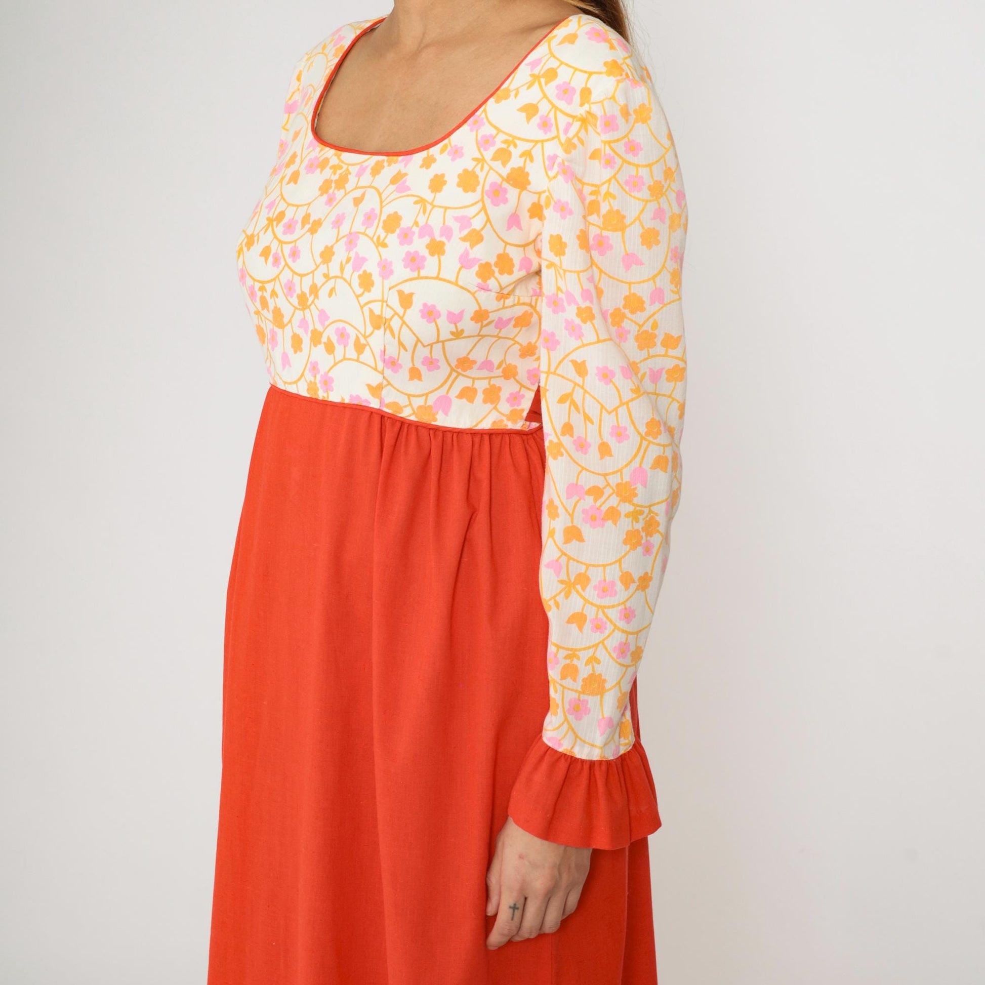 70s Floral Maxi Dress Puff Sleeve High Waist Orange White Prairie Medium
