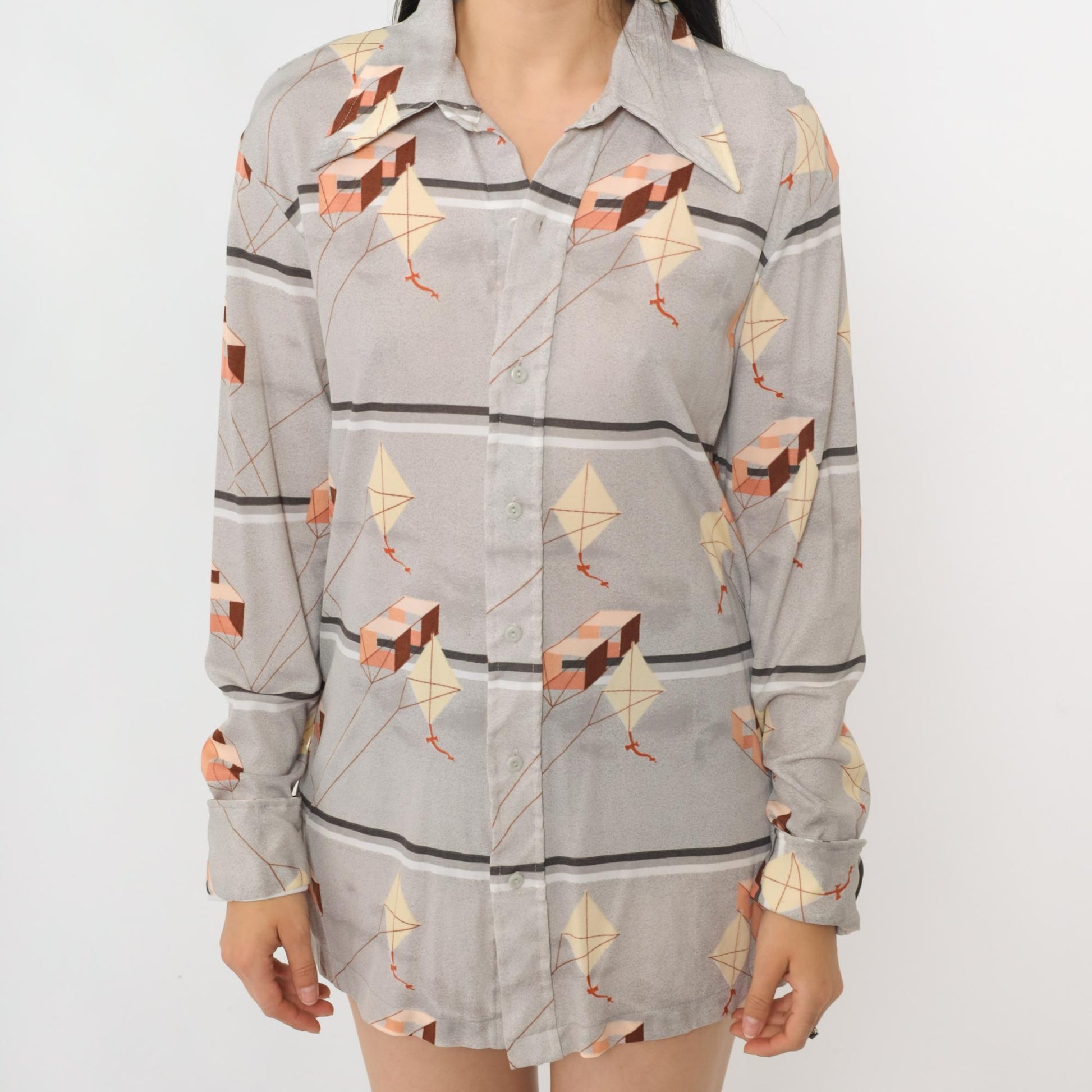 70s Huk-A-Poo Kite Print Button Up Shirt Grey Pointed Collar Medium