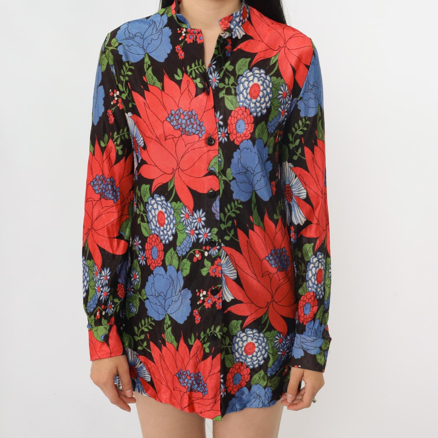 70s Dutchmaid Floral Mandarin Collar Blouse Red Blue Tunic Small