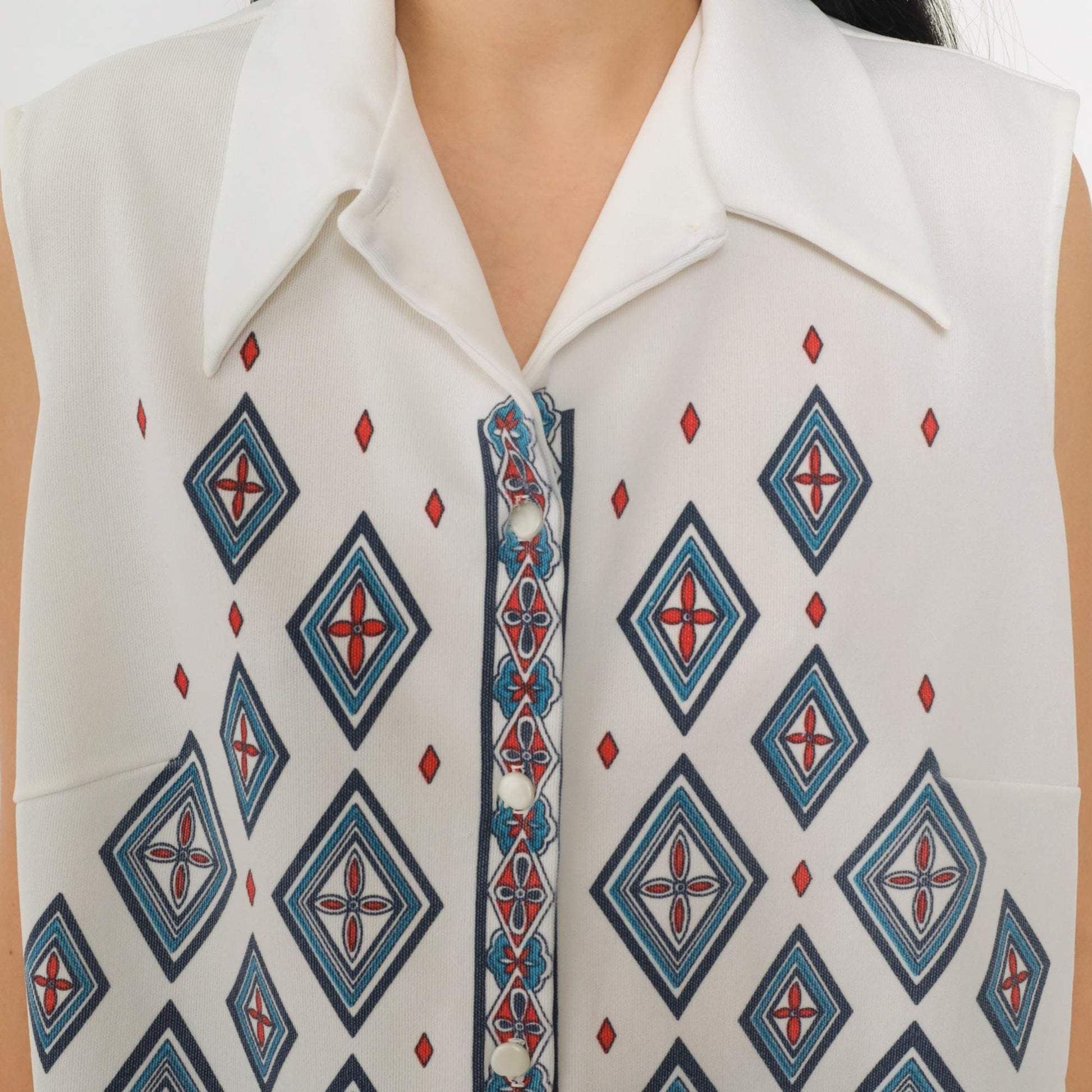 70s Geometric Diamond Print Sleeveless Blouse White Button-Up Collar Large L