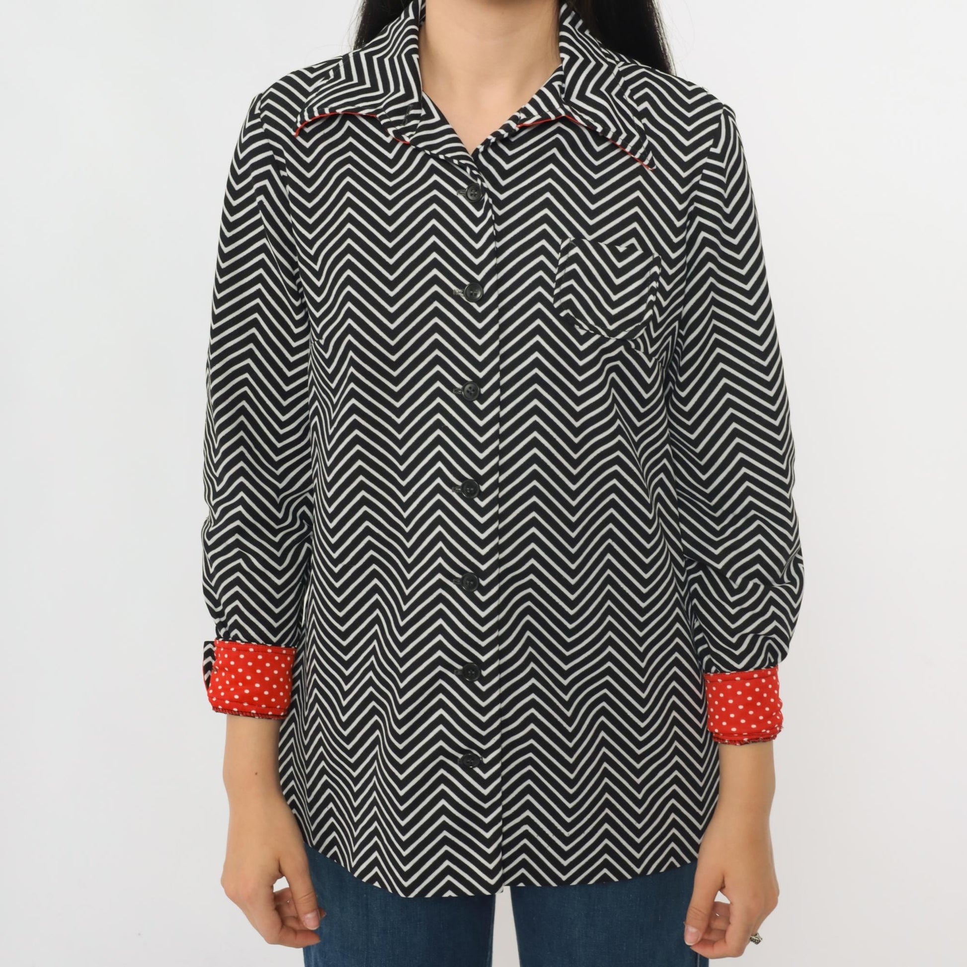 70s Black White Striped Button Up Blouse Dagger Collar Long Sleeve Small Medium