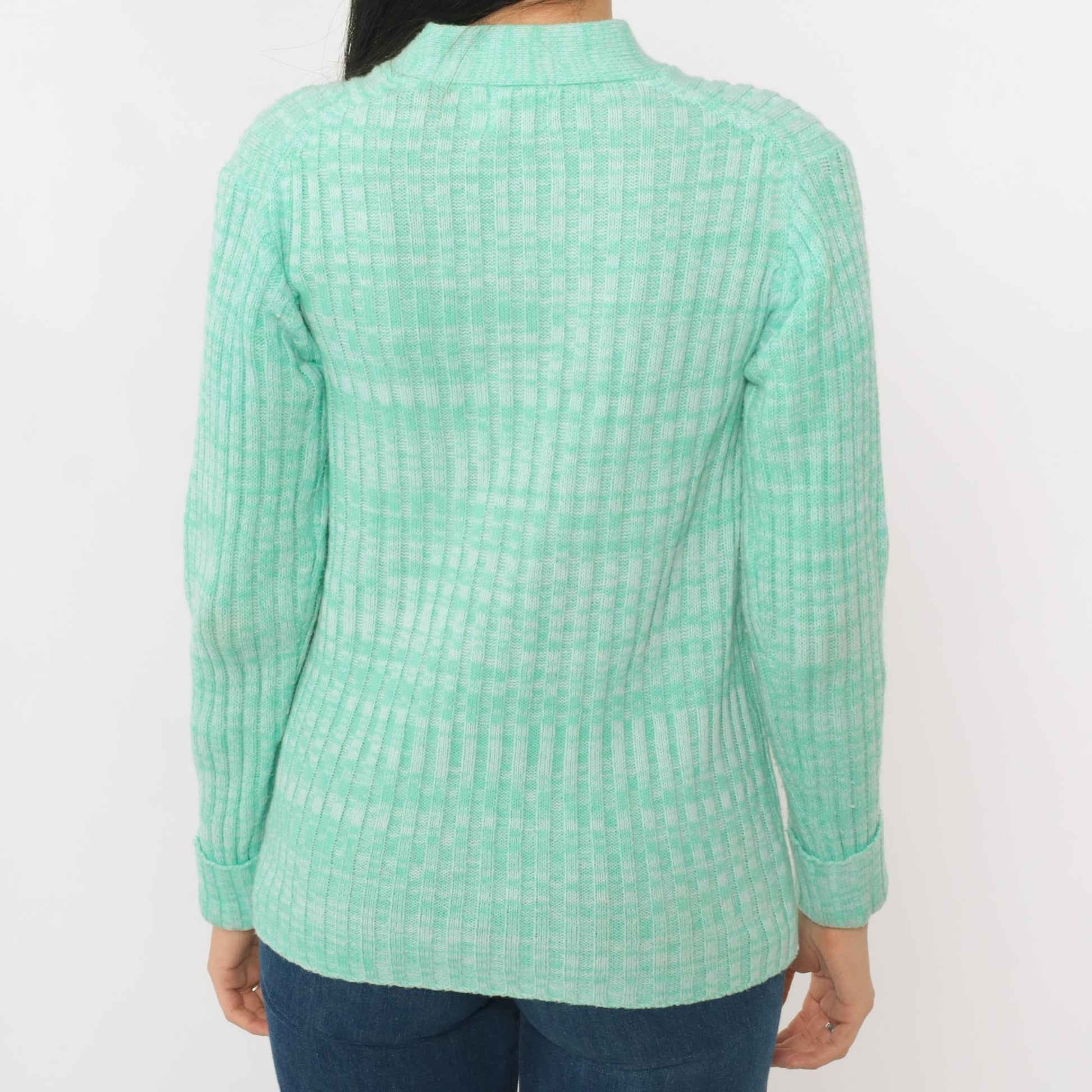 70s Space Dye Cardigan Mint Green White V-Neck Button-Up Knit Small S