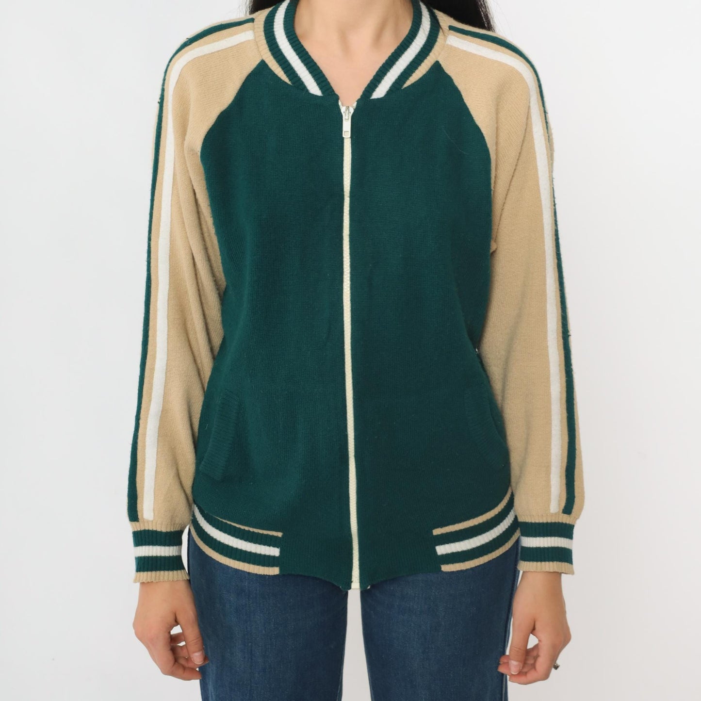80s Plum Blossom Track Jacket Green Acrylic Knit Raglan Zip-Up Medium