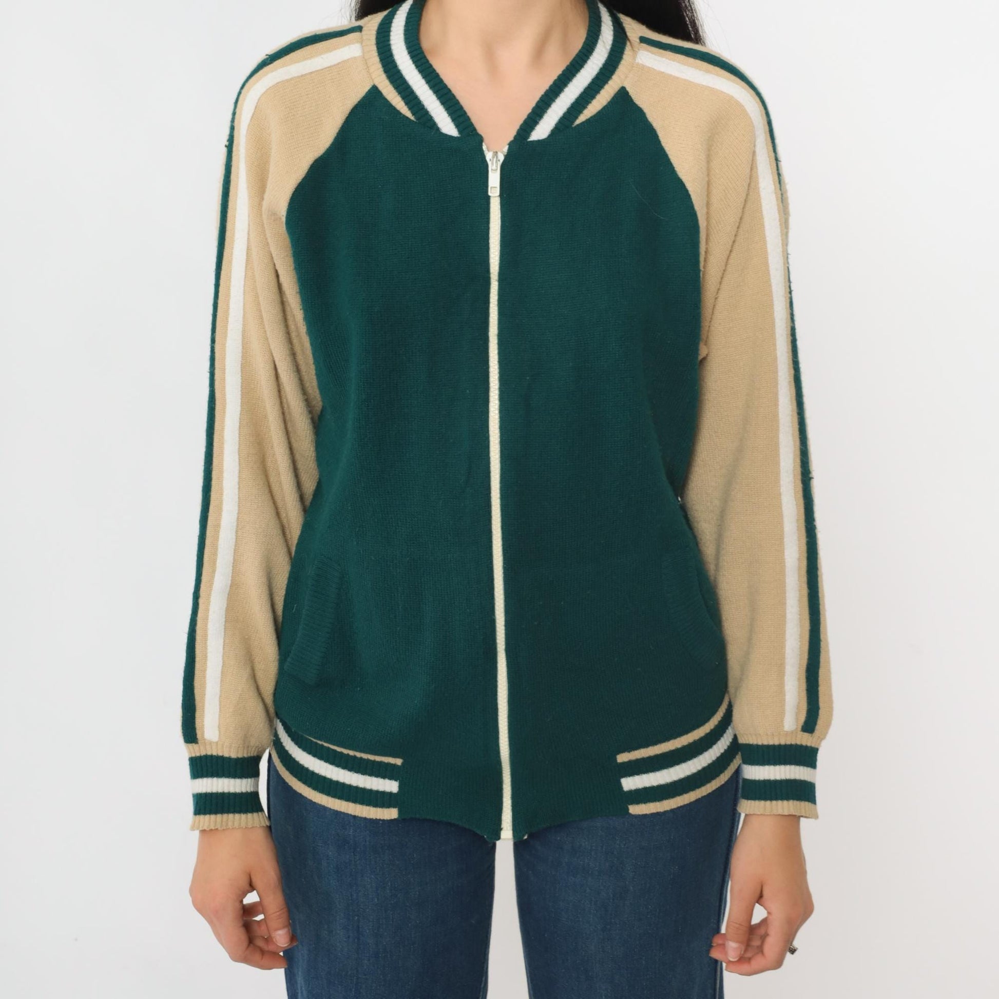 80s Plum Blossom Track Jacket Green Acrylic Knit Raglan Zip-Up Medium