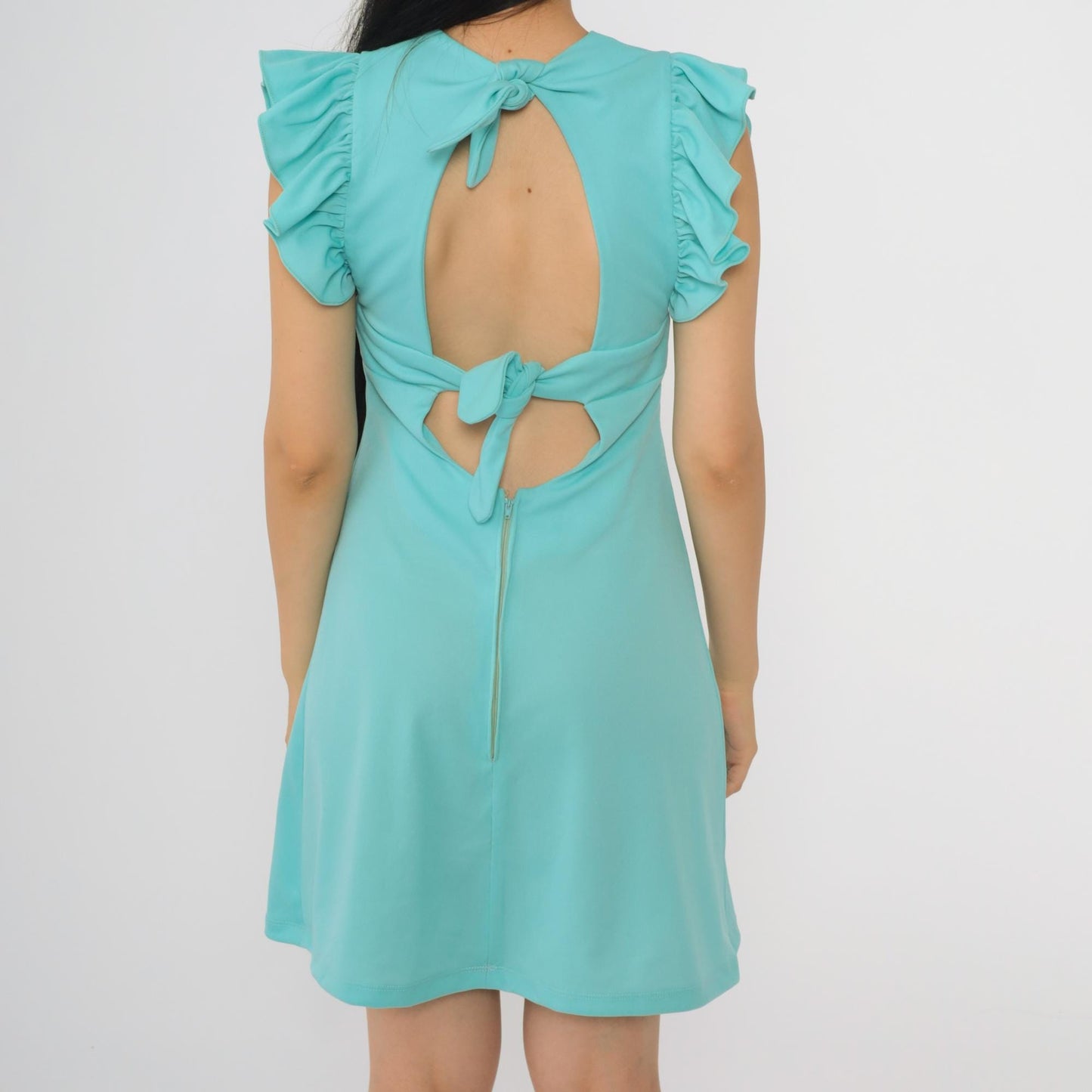 70s Blue Babydoll Dress Keyhole Back Empire Waist Flutter Sleeve Mini Small S