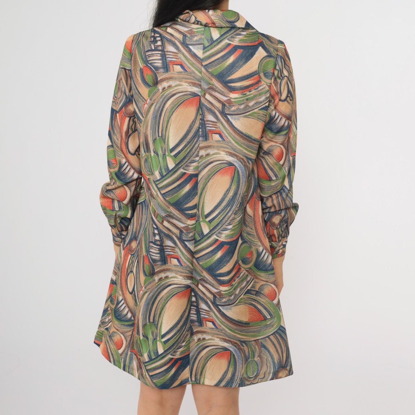 70s Geometric Abstract Print Shift Dress Long Sleeve Mini Length Medium M