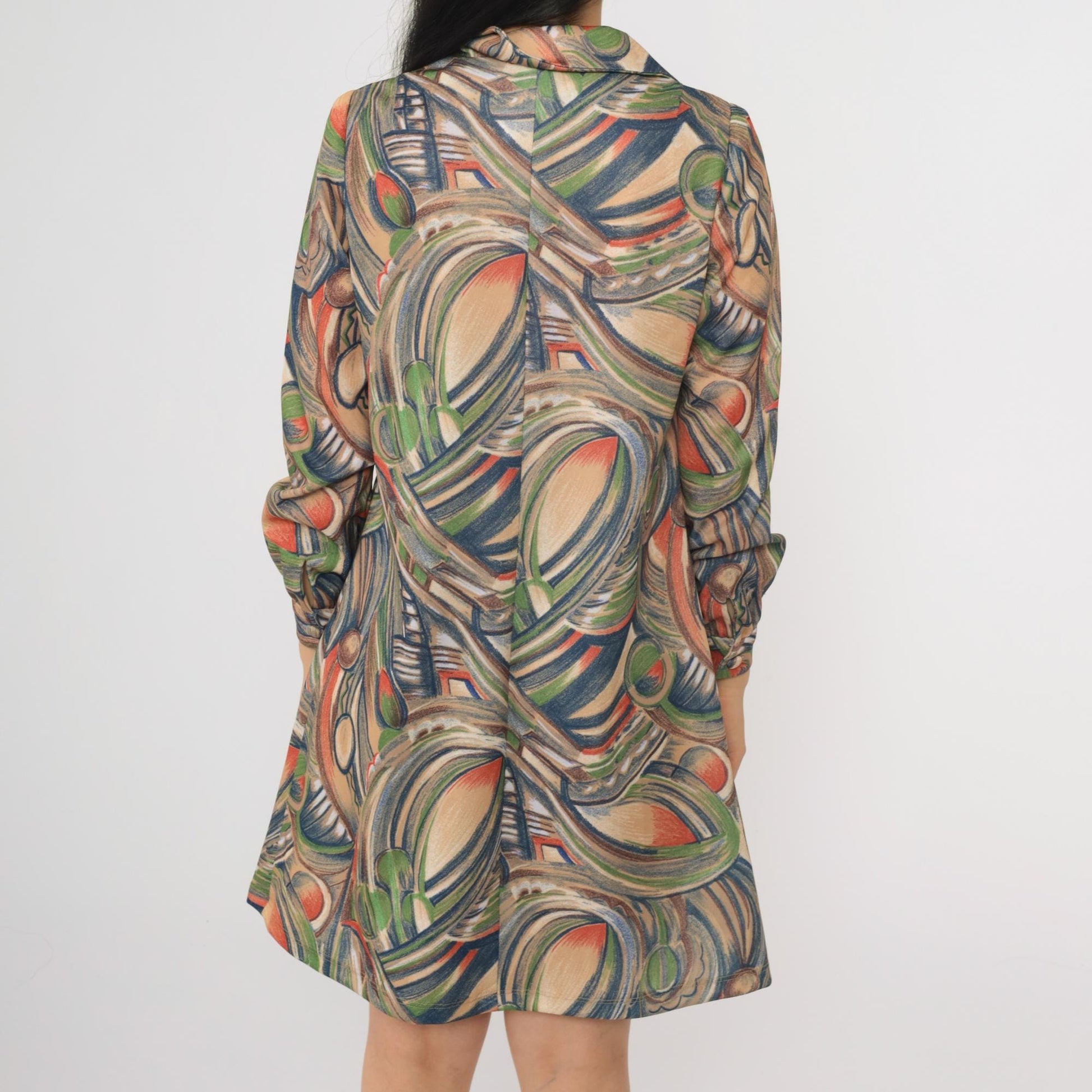 70s Geometric Abstract Print Shift Dress Long Sleeve Mini Length Medium M