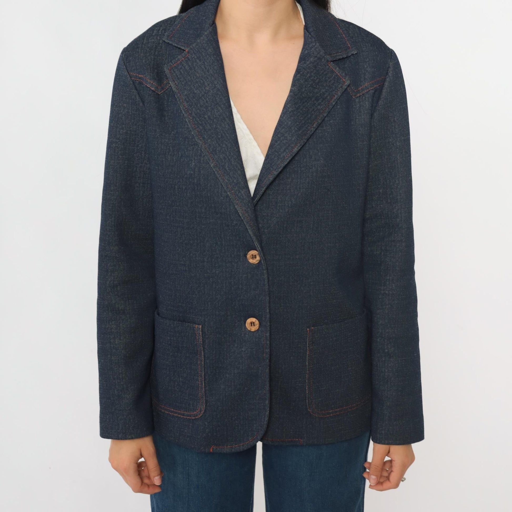 70s Dark Wash Denim Blazer Jacket Collared Button-Up Blue Medium