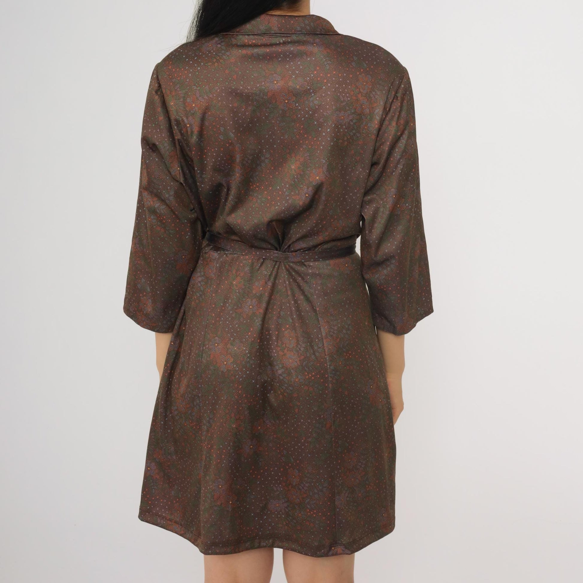 70s Brown Floral Mini Shirtdress Button-Up 3/4 Sleeve High Waist Extra Large