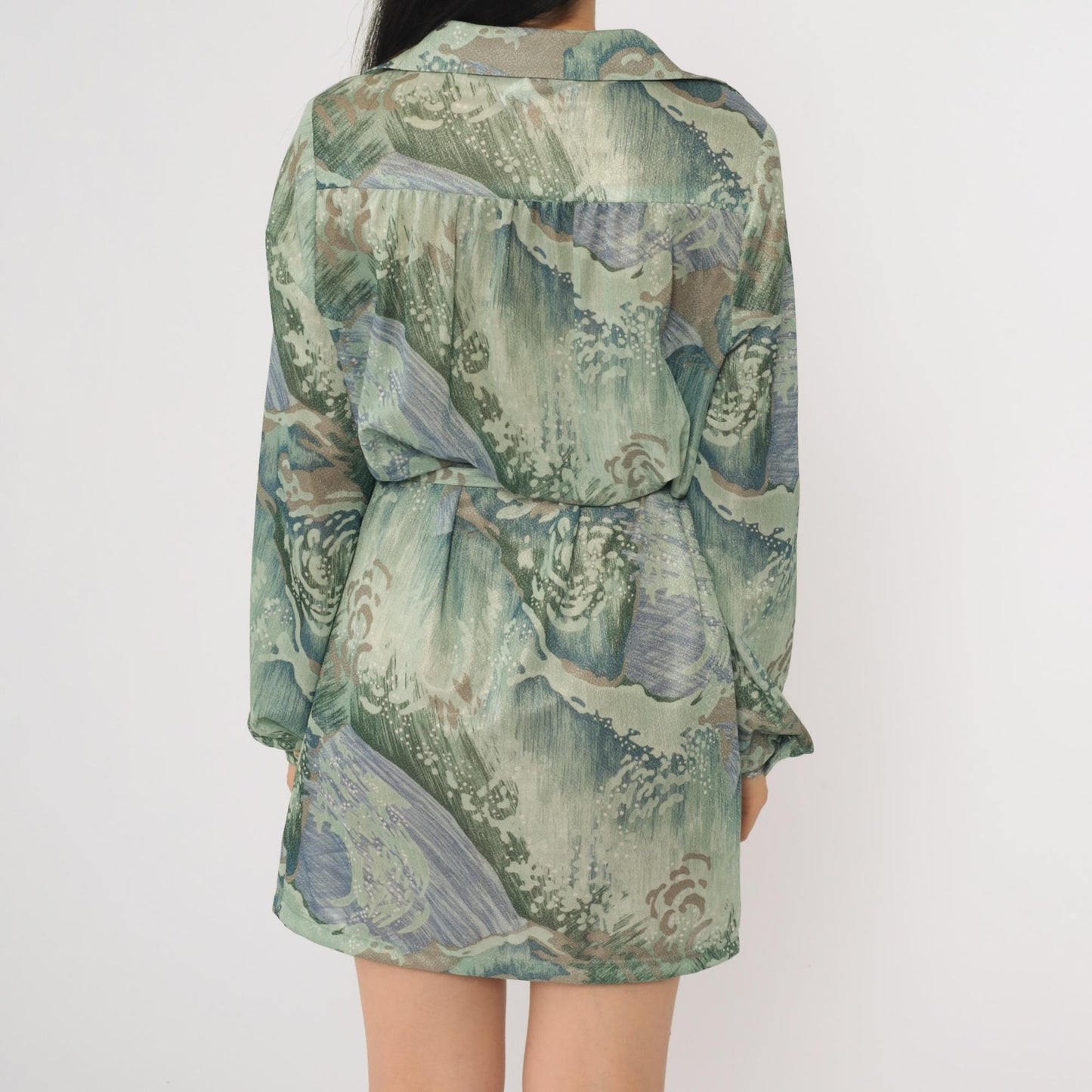 70s Abstract Wave Print Mini Shift Dress Button Up Long Sleeve Green Blue Medium M