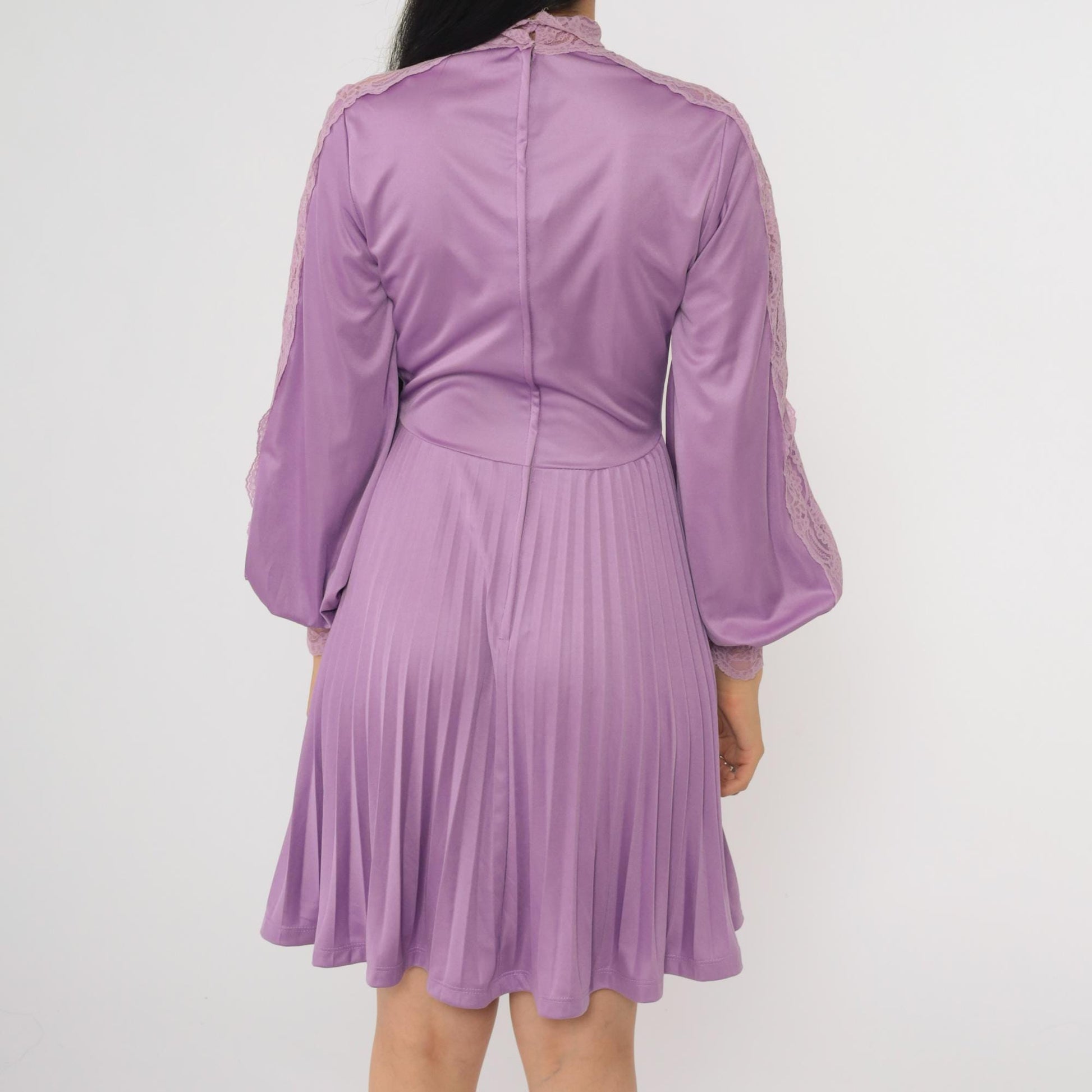 70s Purple Lace Mini Dress High Waist Pleated Long Sleeve Bow Neckline Extra Small