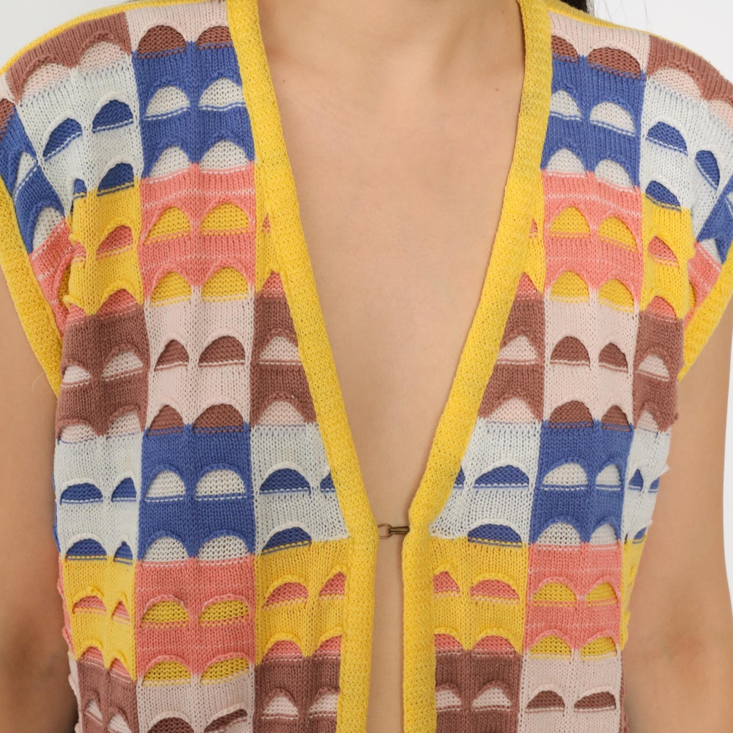 70s Patchwork Knit Vest Yellow Multicolor Open Front Sleeveless Large L