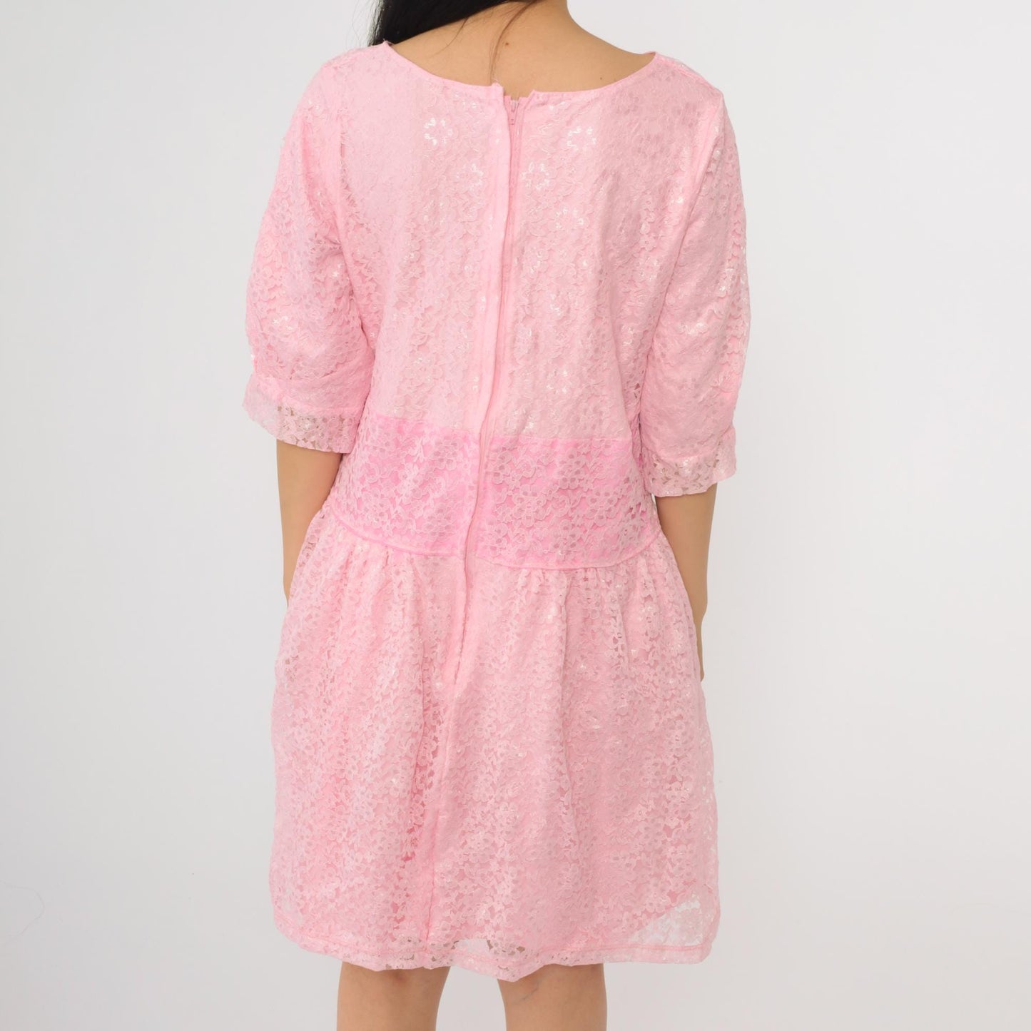 80s Baby Pink Lace Mini Dress Drop Waist Half Sleeve Gathered Skirt Medium M