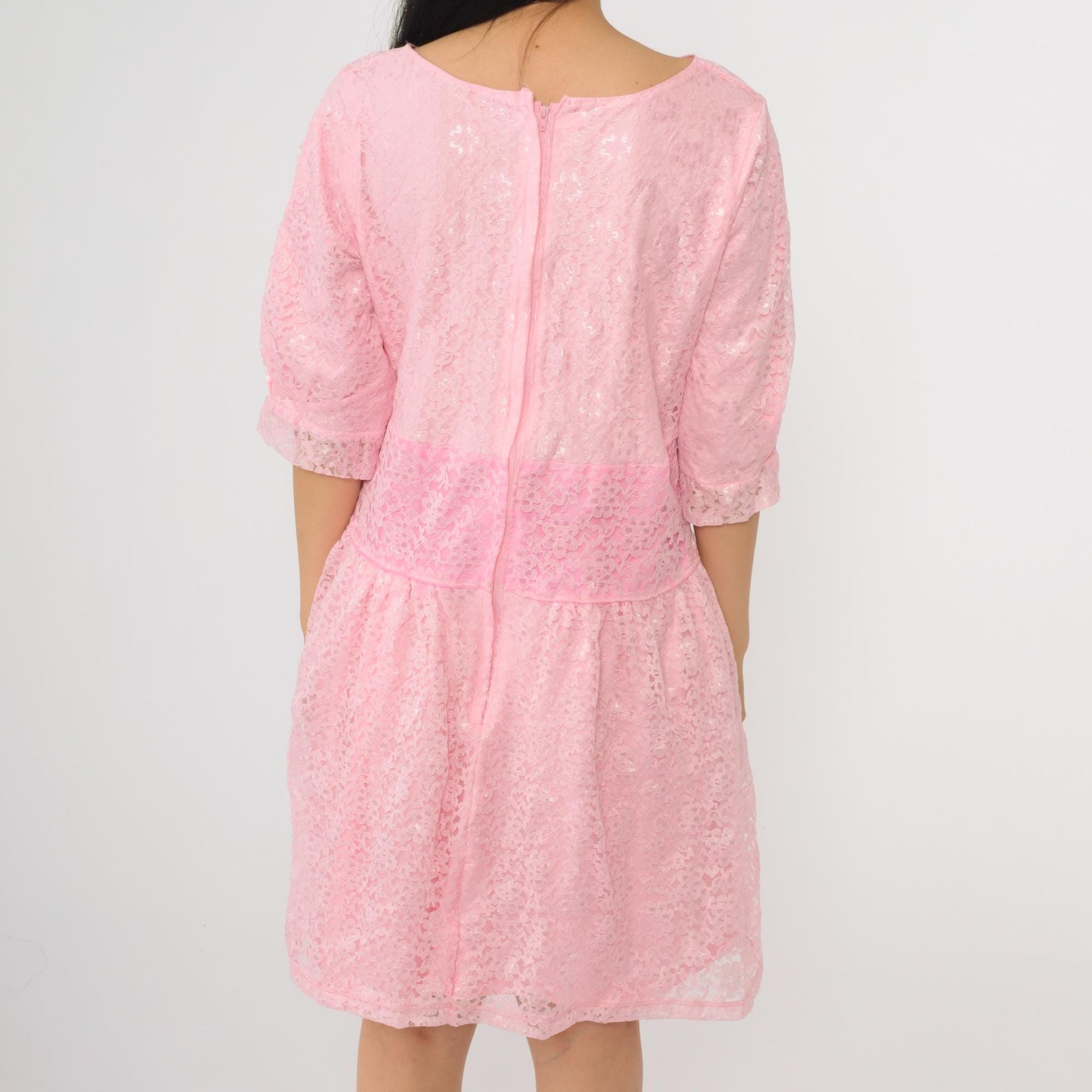 80s Baby Pink Lace Mini Dress Drop Waist Half Sleeve Gathered Skirt Medium M