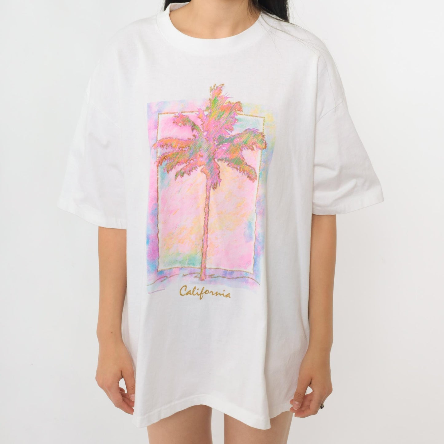 90s California Palm Trees Metallic Graphic T-Shirt White Gold Glitter Extra Large