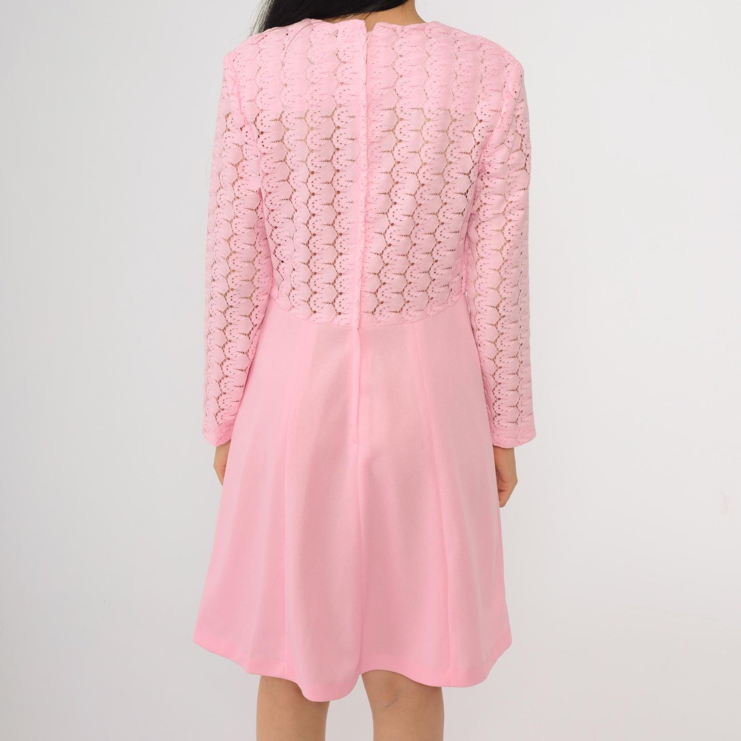 70s Baby Pink Lace Mini Dress Rhinestone Buttons High Waist Long Sleeve Medium M