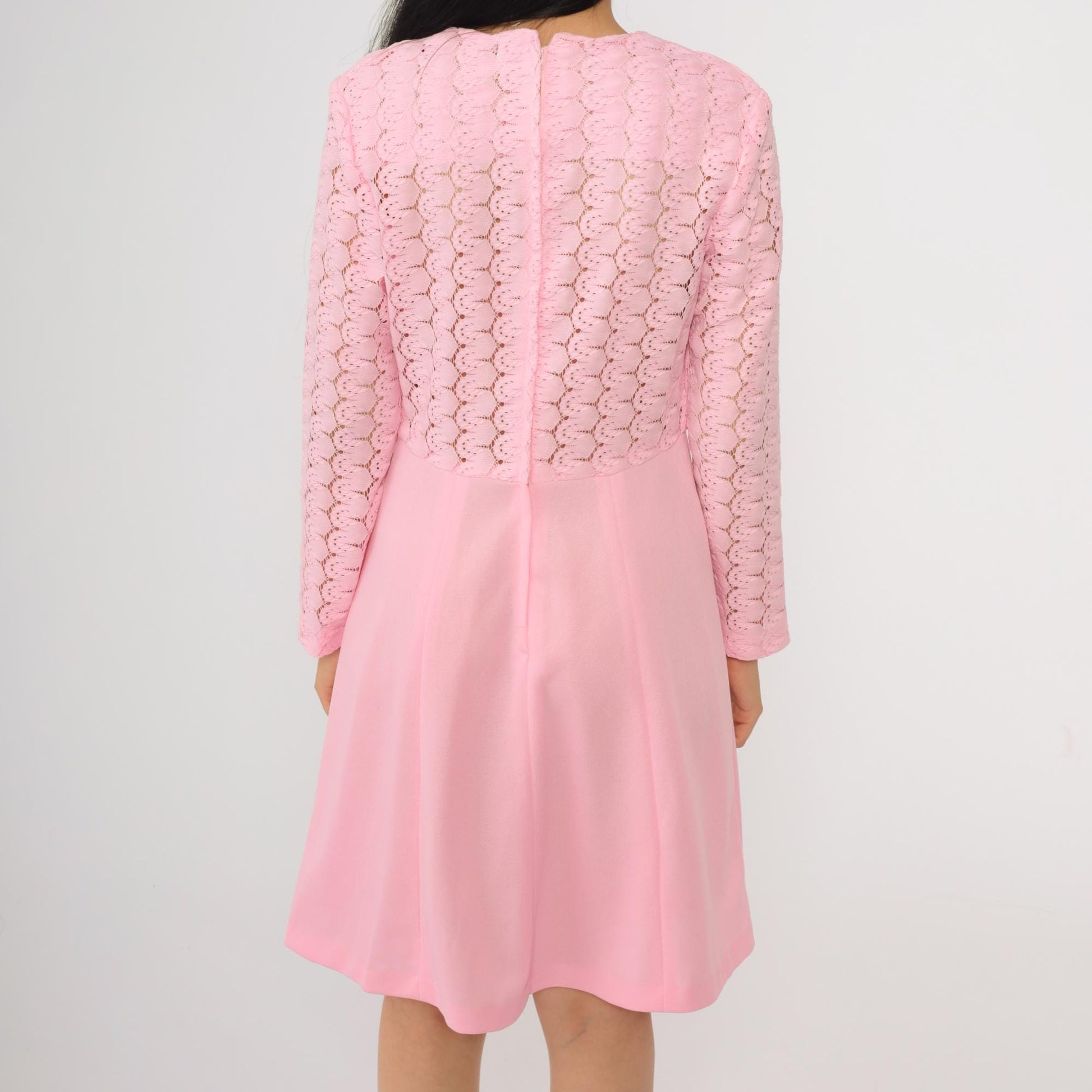 70s Baby Pink Lace Mini Dress Rhinestone Buttons High Waist Long Sleeve Medium M