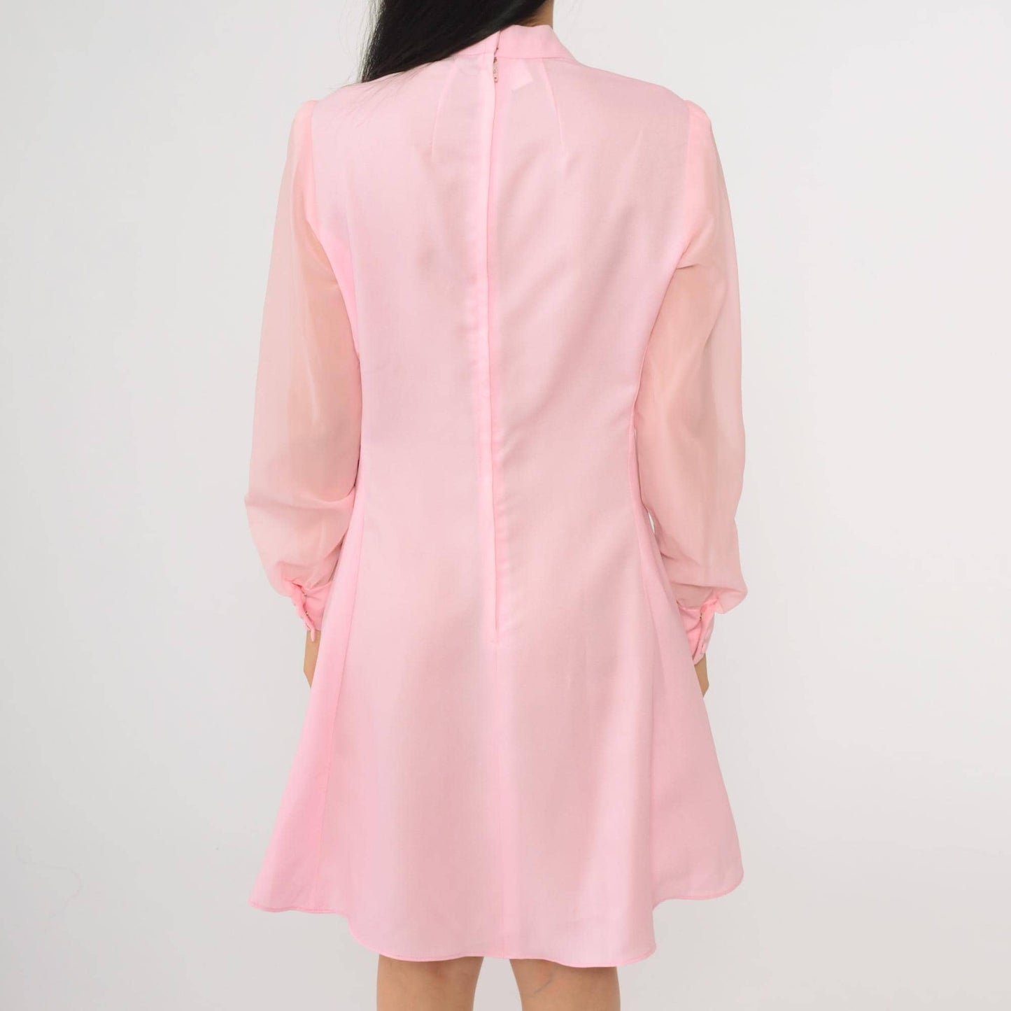 70s Pink Mini Dress V-Neck Sheer Chiffon Sleeve High Waist Gathered Medium