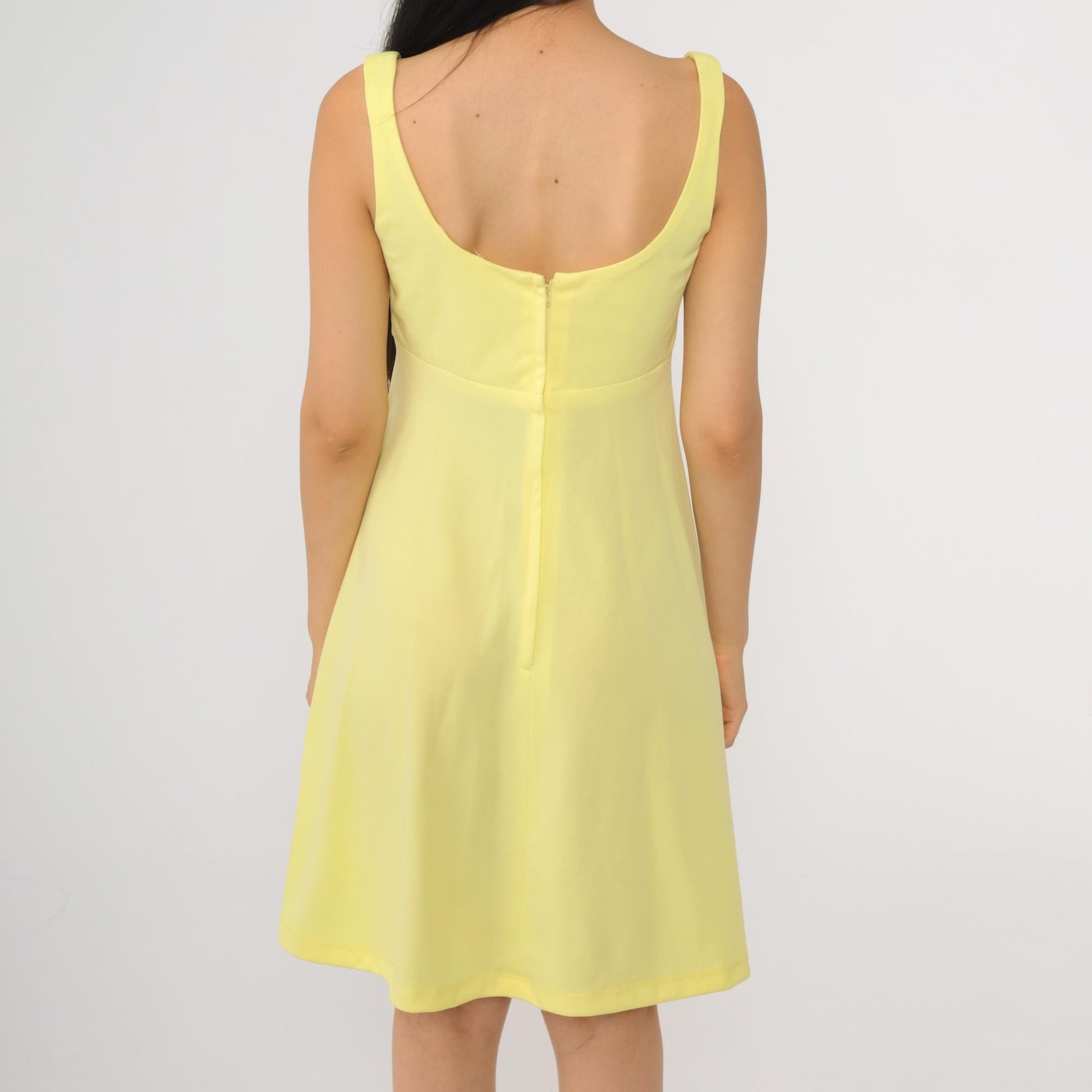 70s Yellow Babydoll Mini Dress Empire Waist Scoop Neck Sleeveless Small