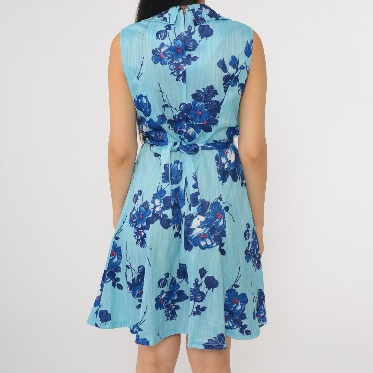 70s Mod Floral Mini Dress Two-Tone Blue A-Line Shift Sleeveless Small
