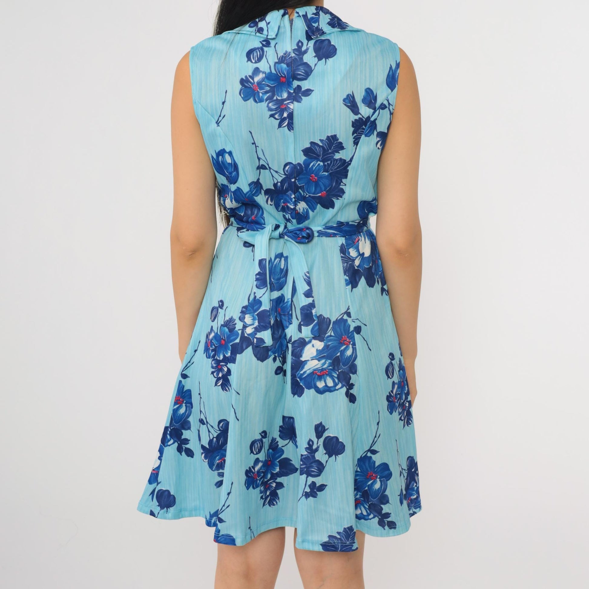 70s Mod Floral Mini Dress Two-Tone Blue A-Line Shift Sleeveless Small