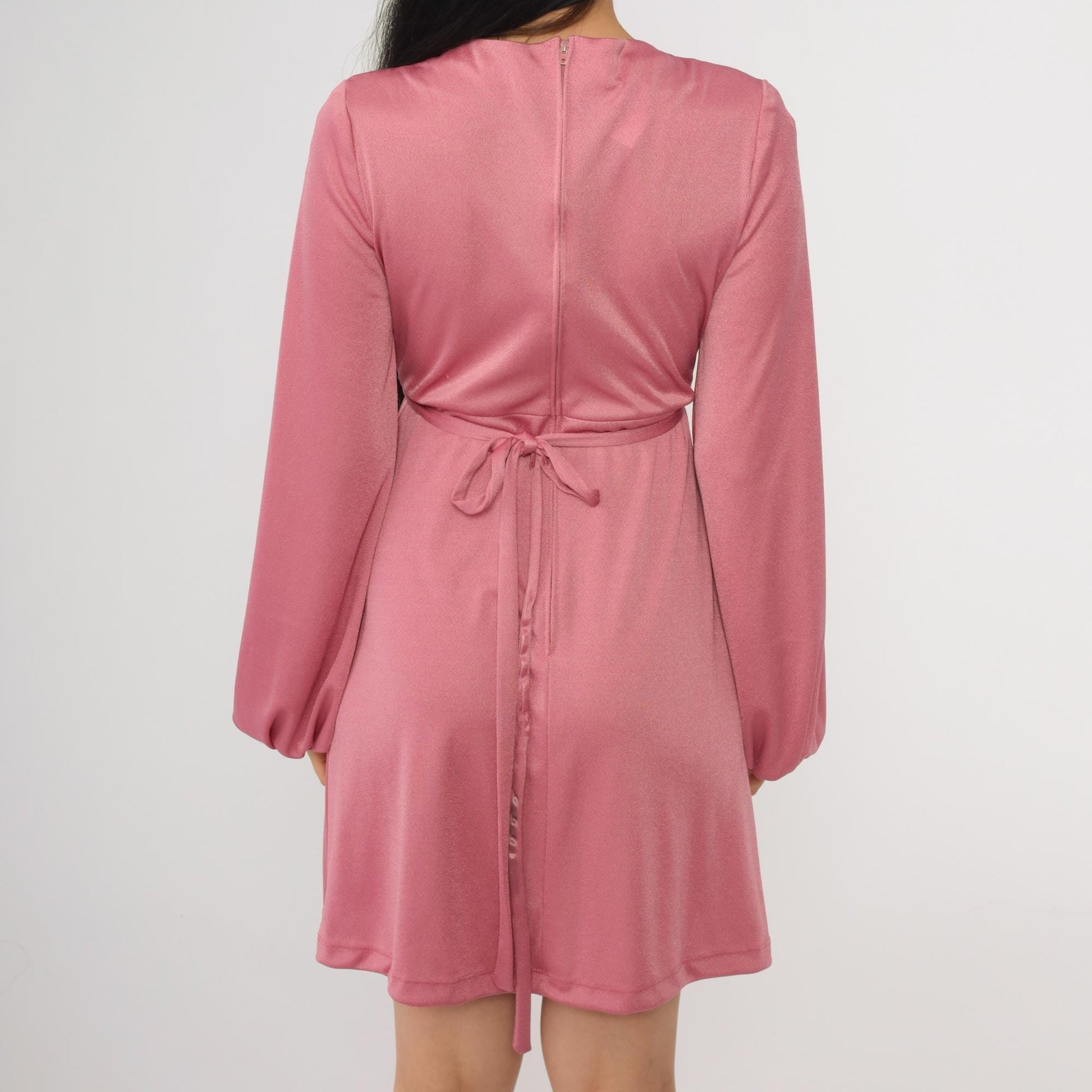 70s Pink Cowl Neck Mini Dress Balloon Sleeve Empire Waist Small
