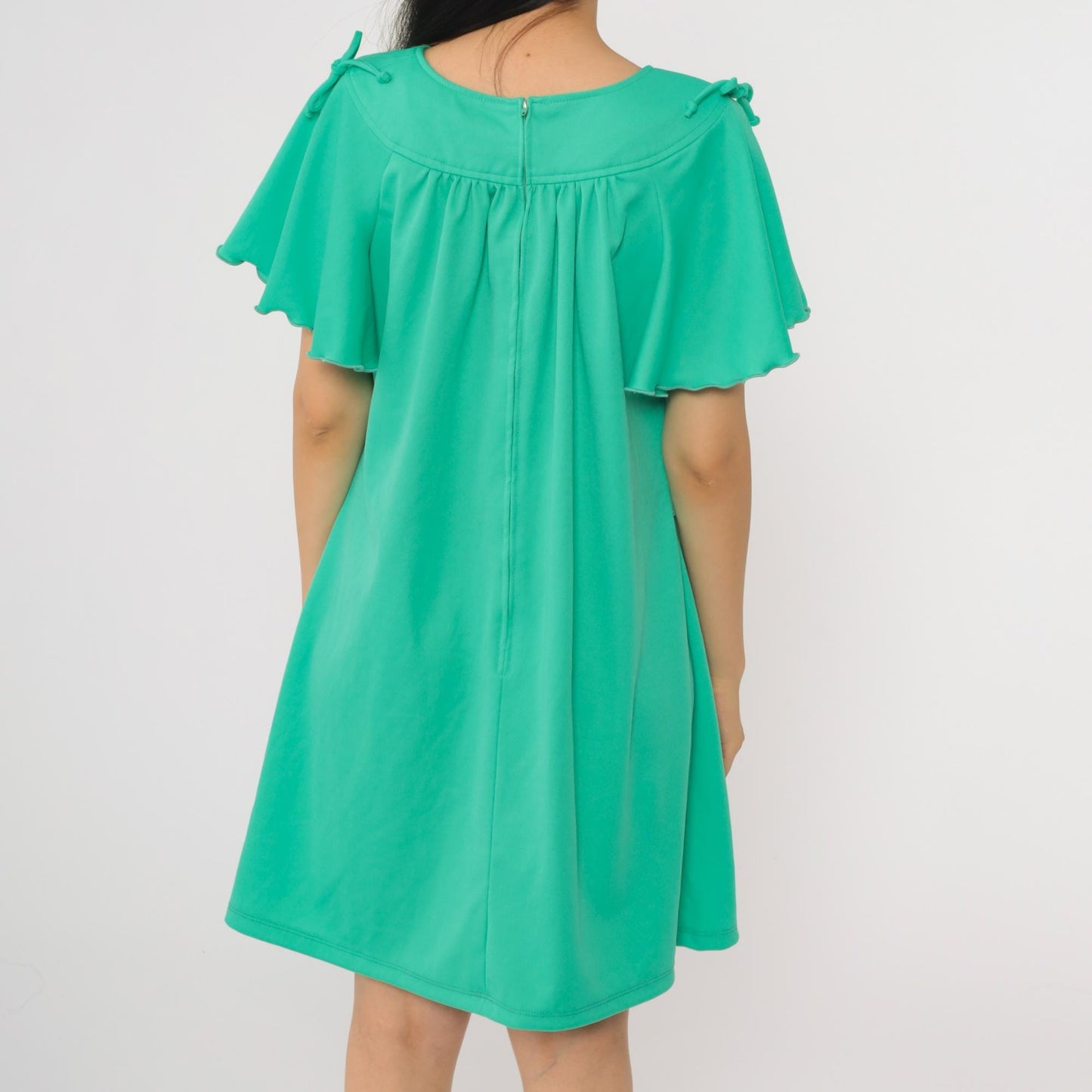70s Green Flutter Sleeve Mini Dress Tent Cut Lettuce Edge Large L