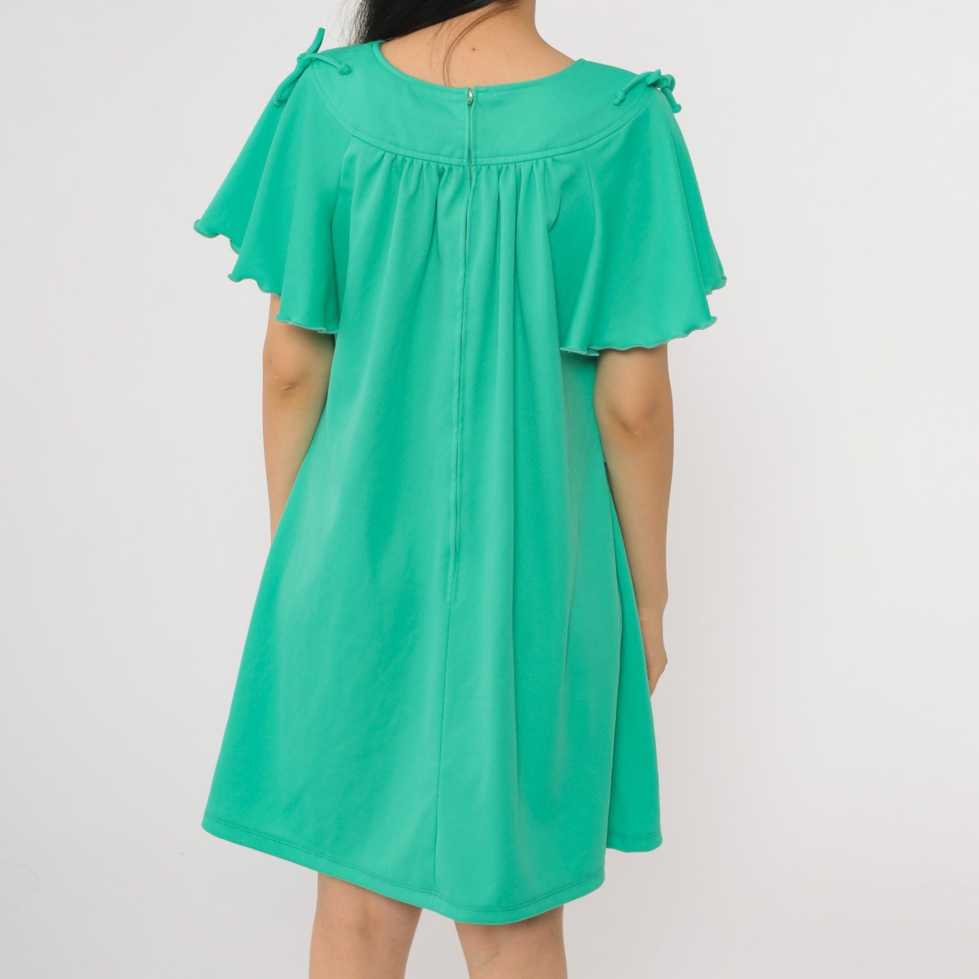 70s Green Flutter Sleeve Mini Dress Tent Cut Lettuce Edge Large L