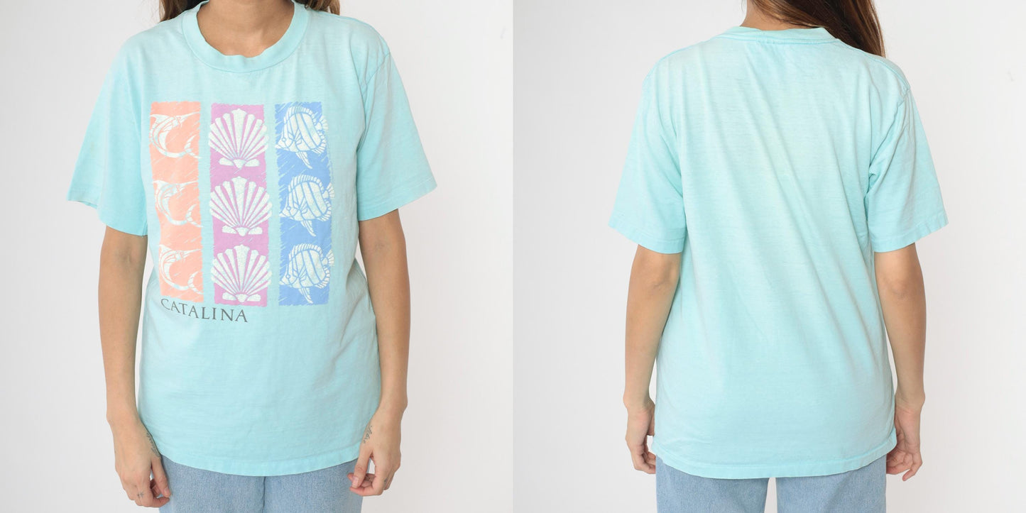 90s Catalina Island Swordfish Seashell Graphic T-Shirt Cotton Tee Medium