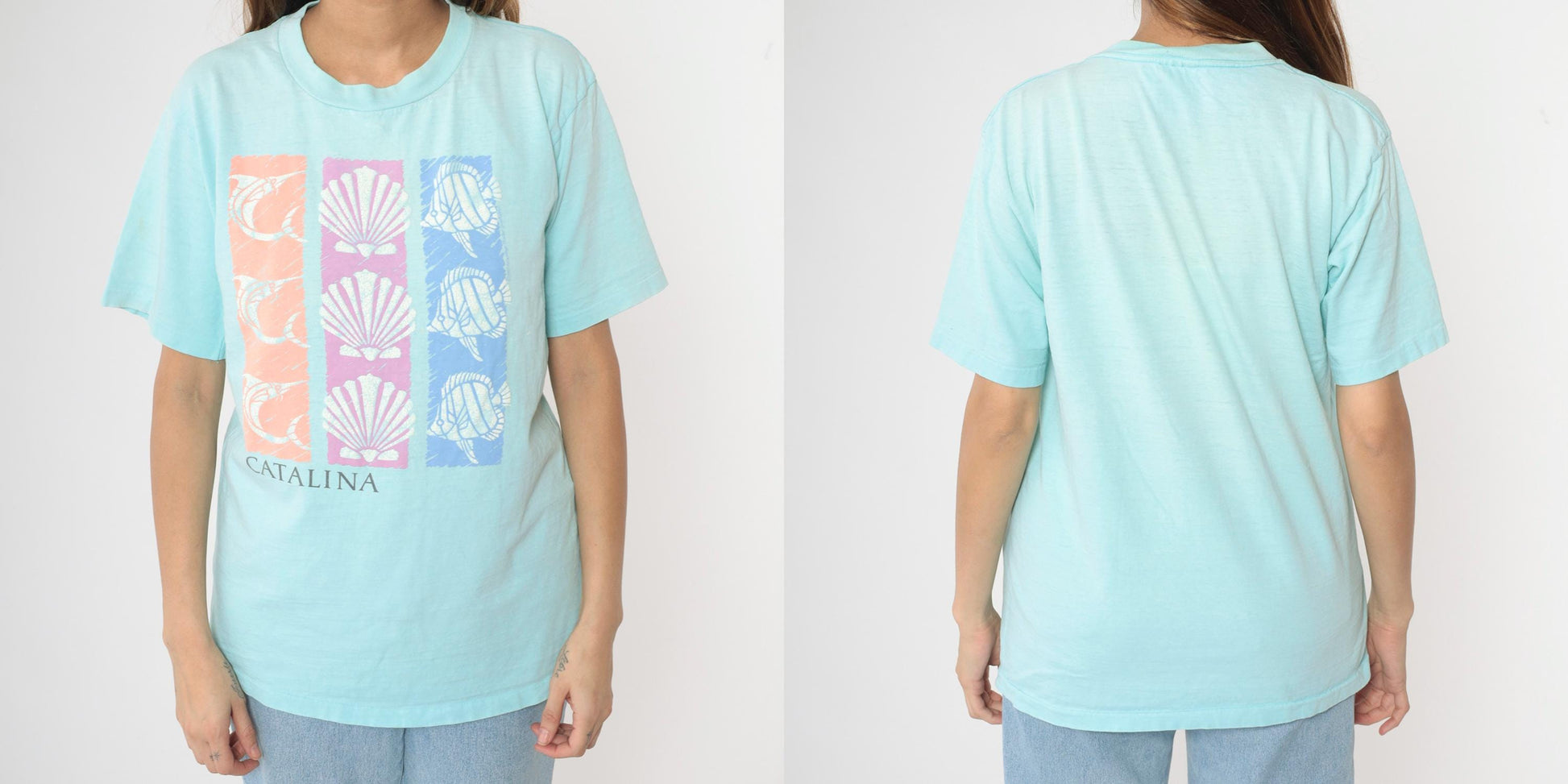 90s Catalina Island Swordfish Seashell Graphic T-Shirt Cotton Tee Medium