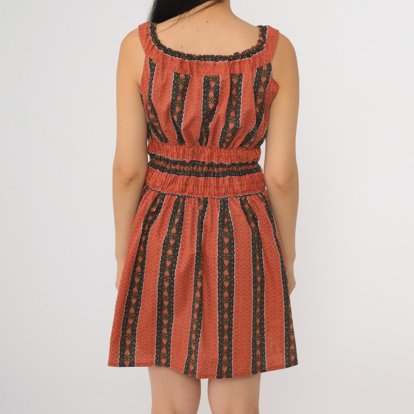 70s Heart Print Striped Peasant Dress Red Black Mini Sleeveless Small S