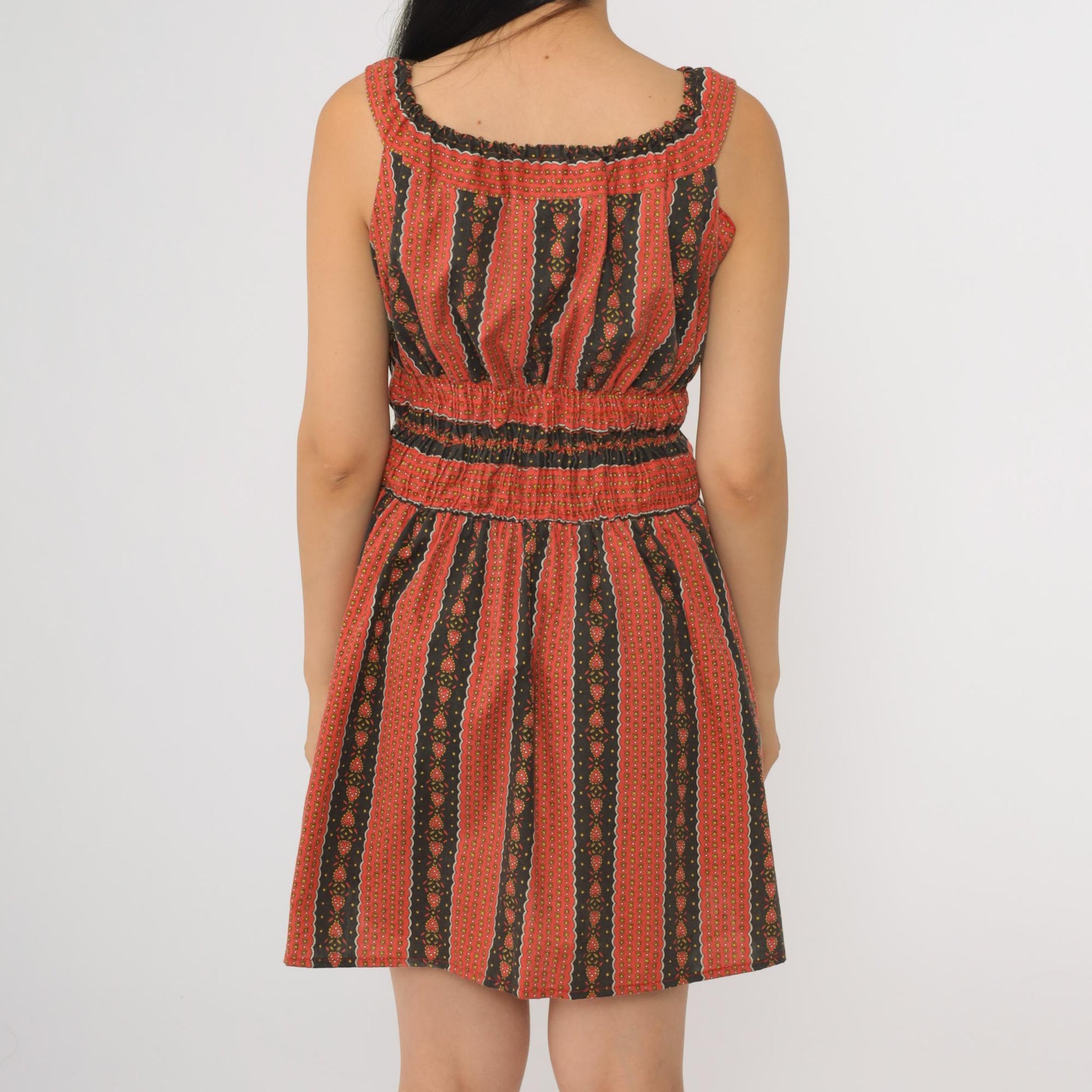 70s Heart Print Striped Peasant Dress Red Black Mini Sleeveless Small S