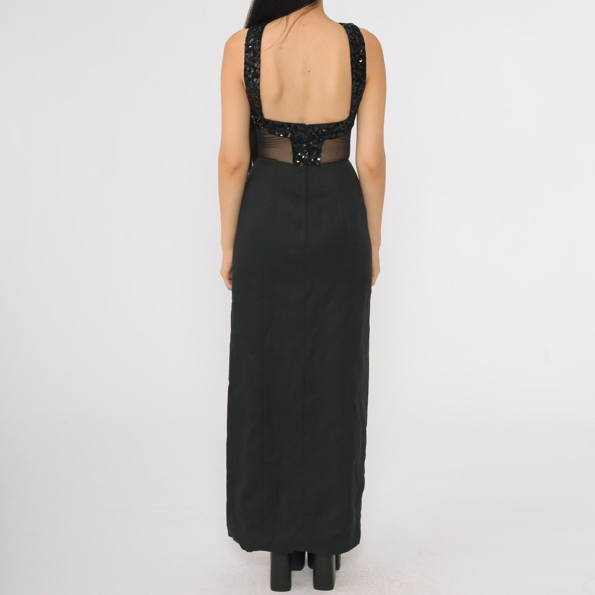 90s Black Sequin Halter Evening Gown Open Back High Slit Mesh Inset Extra Small