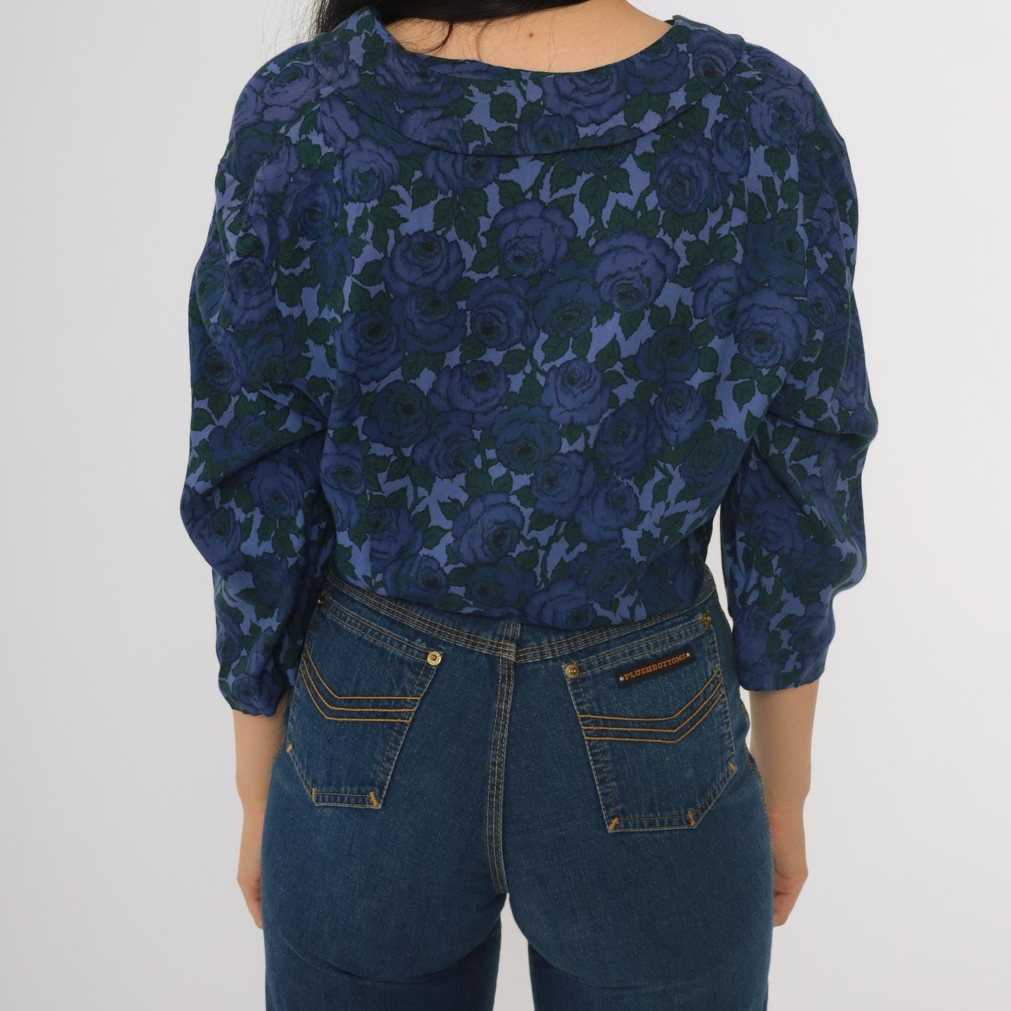 60s Floral Cropped Blouse Dark Blue Button-Up Collar Shirt 3/4 Sleeve Medium M