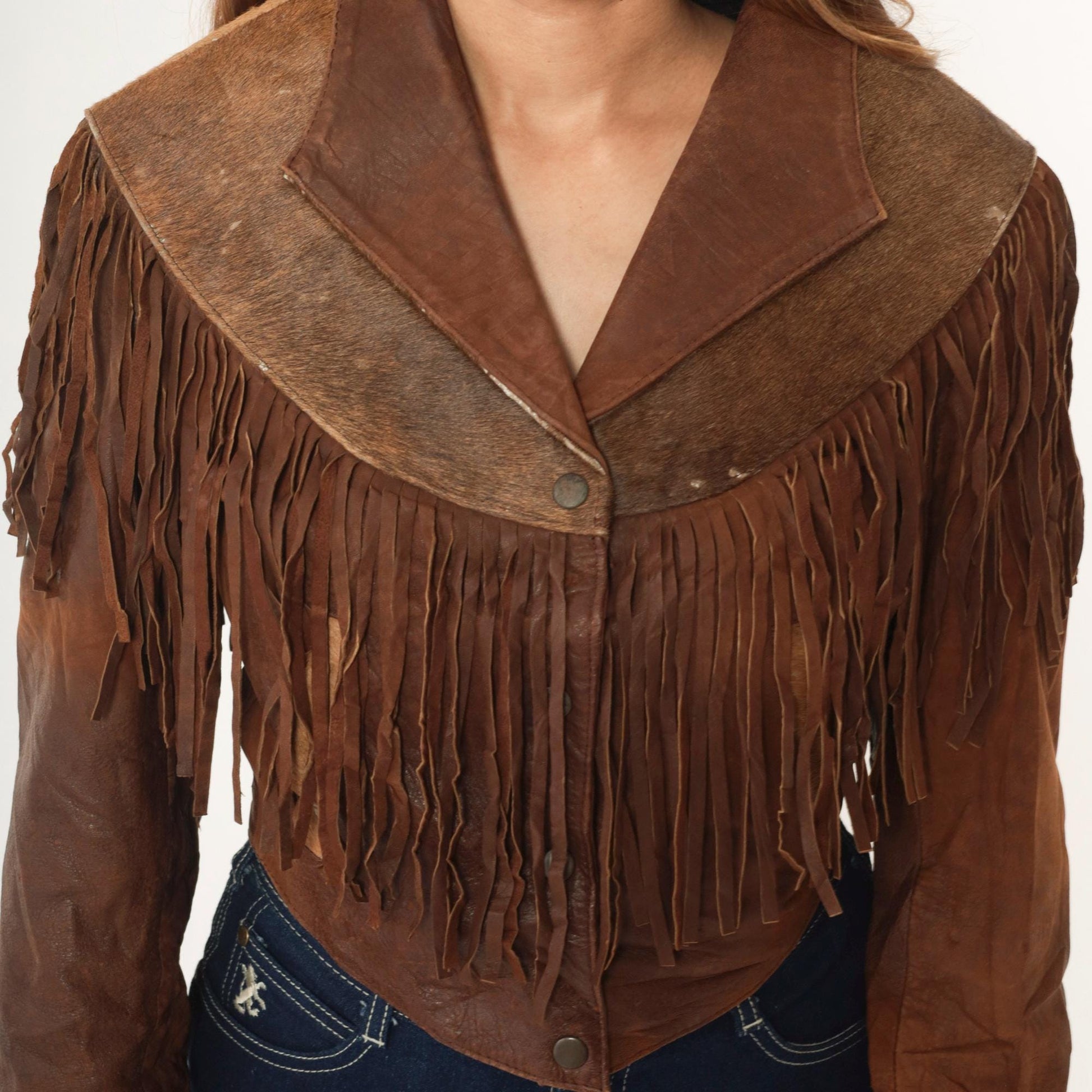1970s Leather Fringe Jacket Brown Cowhide Eagle Yoke Western Snap Extra Small
