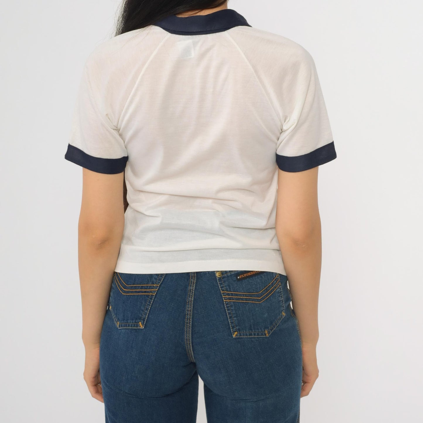 80s Bardor White Polo Shirt Navy Striped Quarter Zip Short Sleeve XXS