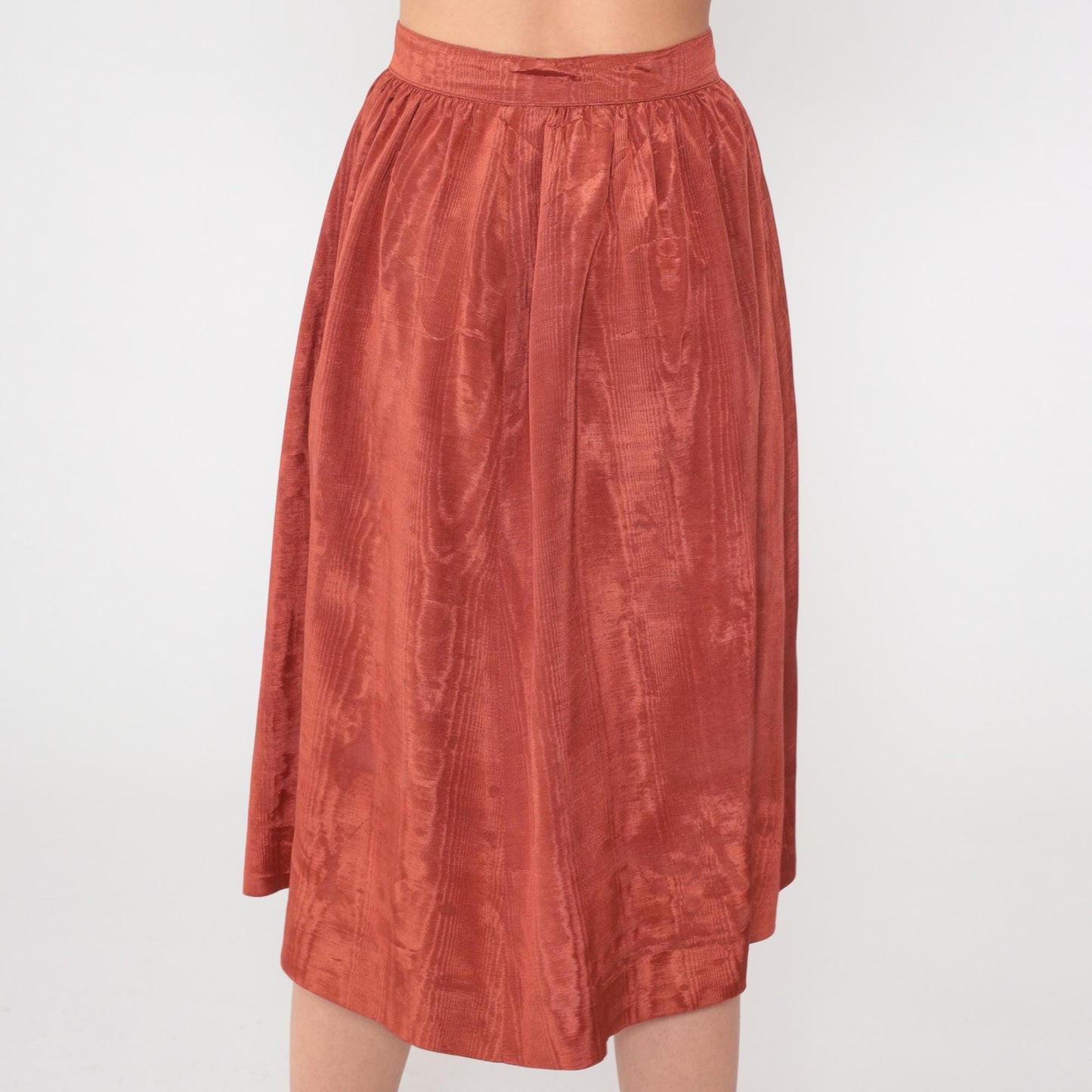 80s Rust Orange Midi Skirt High Waist Pleated Full A-Line Extra Small