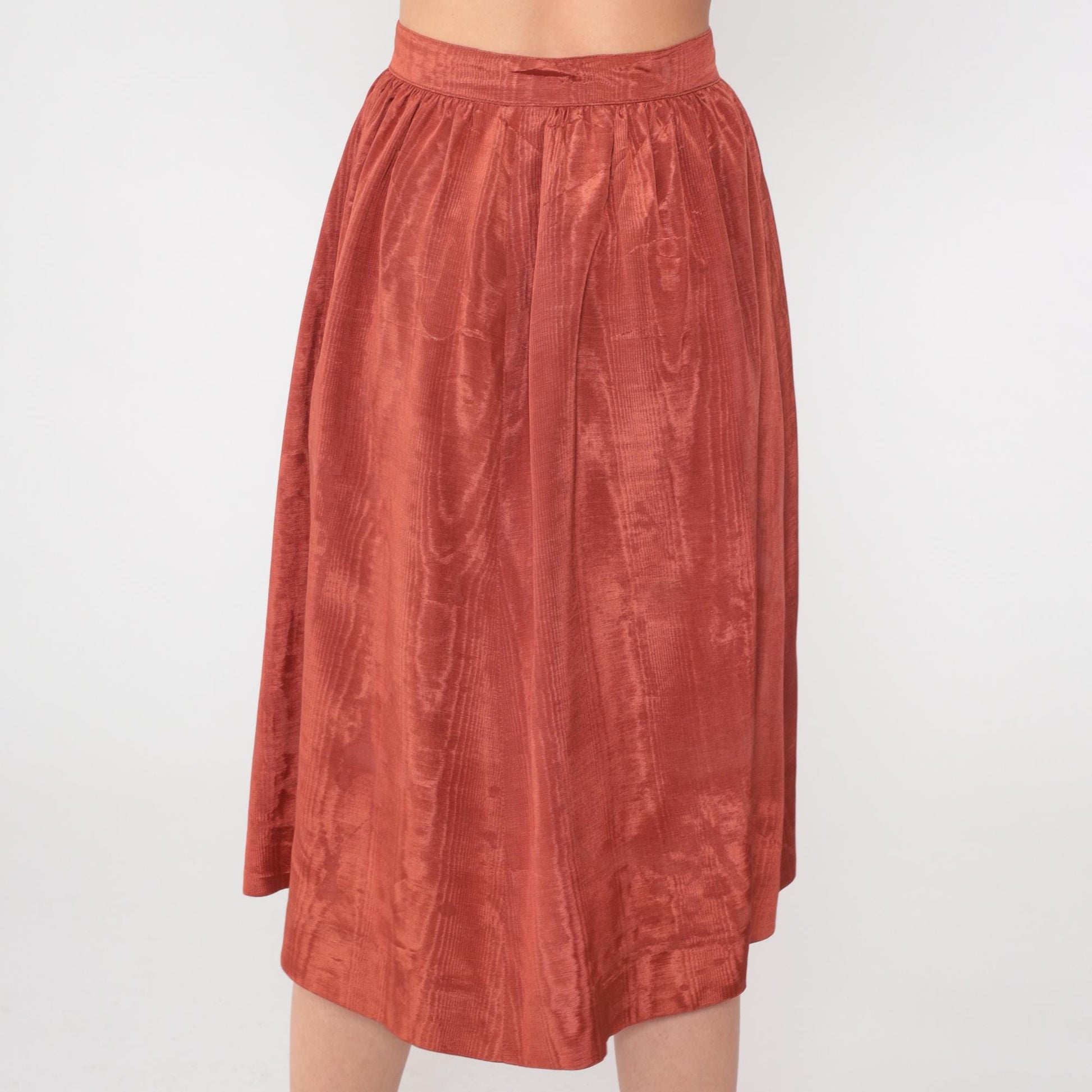 80s Rust Orange Midi Skirt High Waist Pleated Full A-Line Extra Small