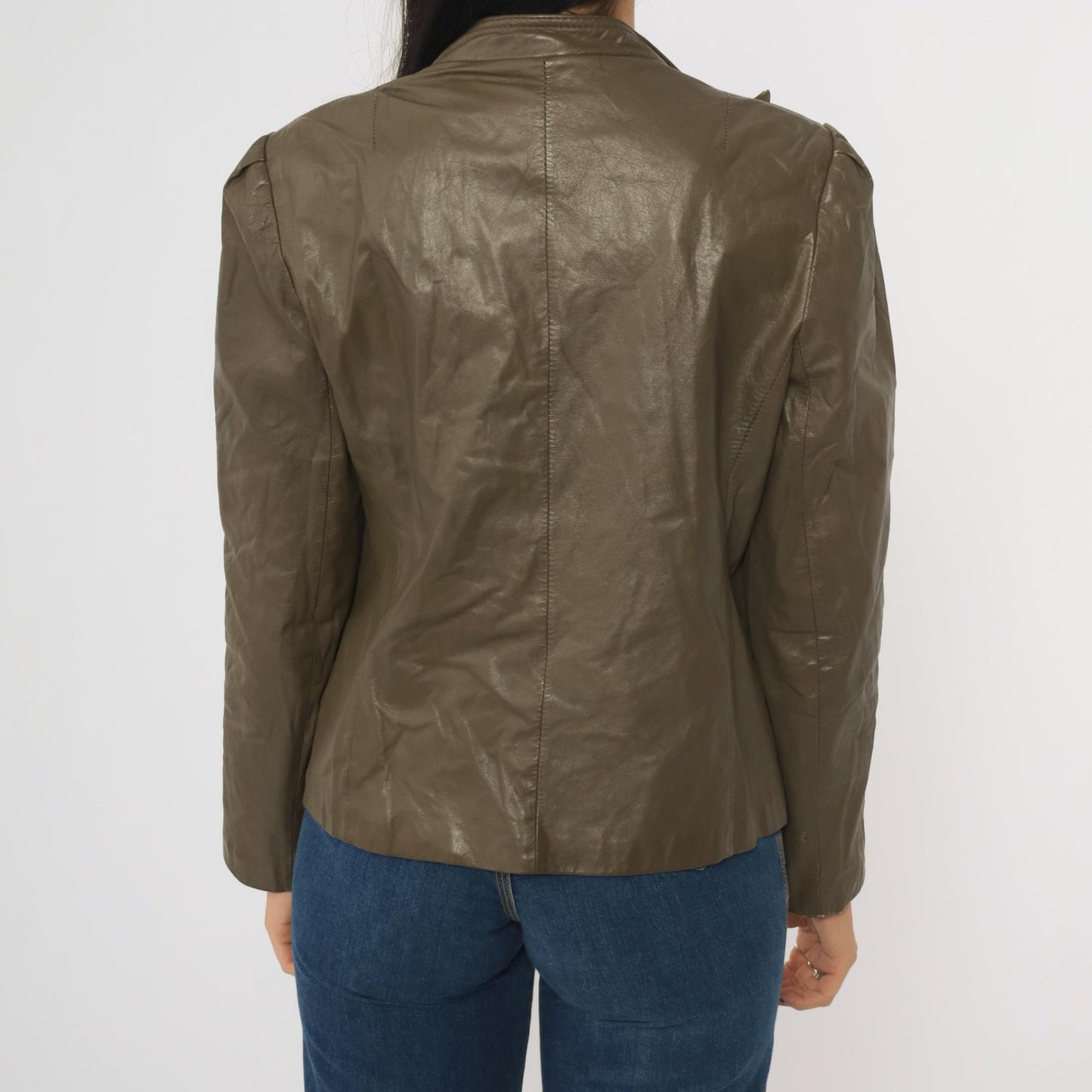 80s Carlisle Couture Brown Leather Blazer Puff Sleeve Open Front Small
