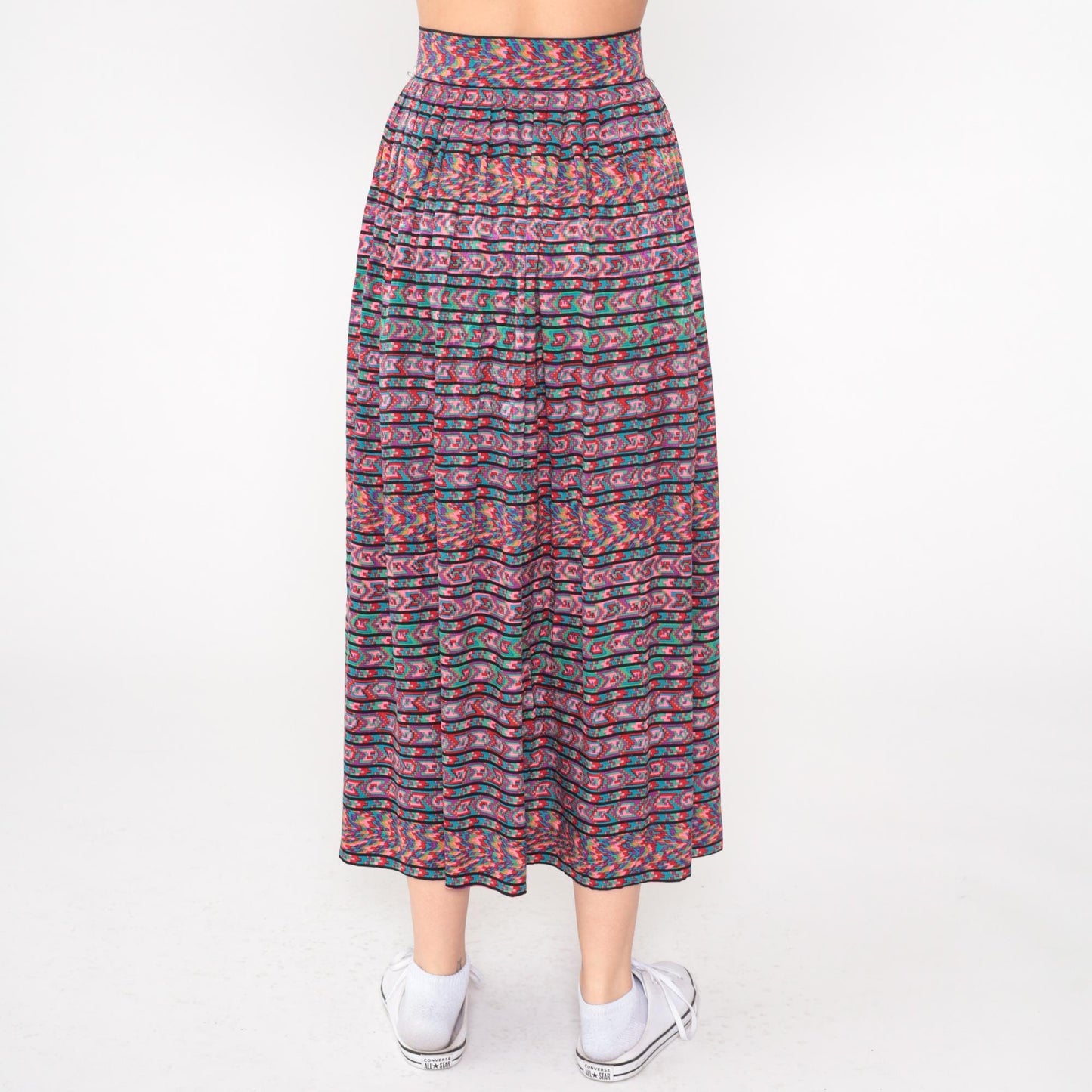 80s Oscar de la Renta Silk Midi Skirt Geometric Print Multicolor High Waist Extra Small