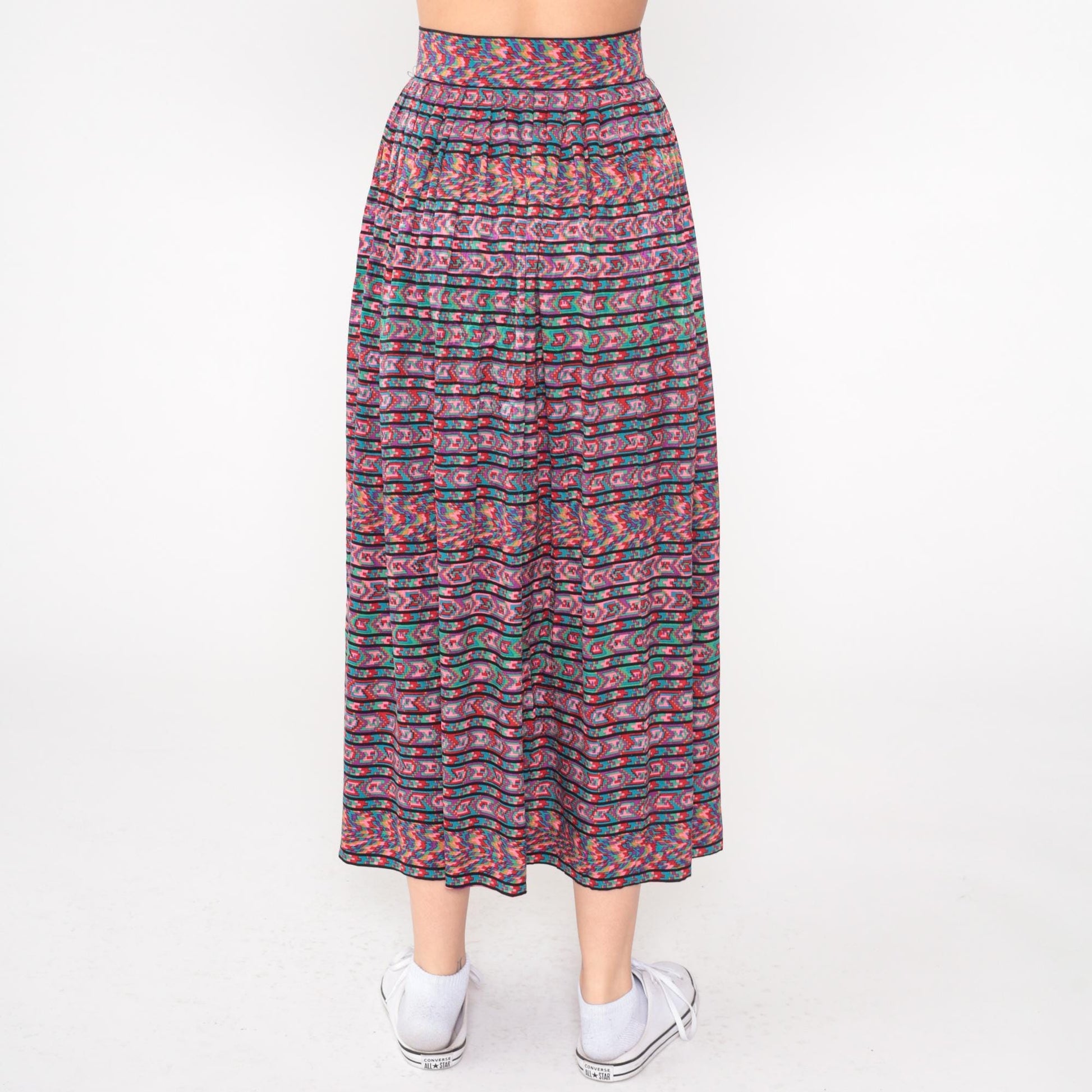 80s Oscar de la Renta Silk Midi Skirt Geometric Print Multicolor High Waist Extra Small
