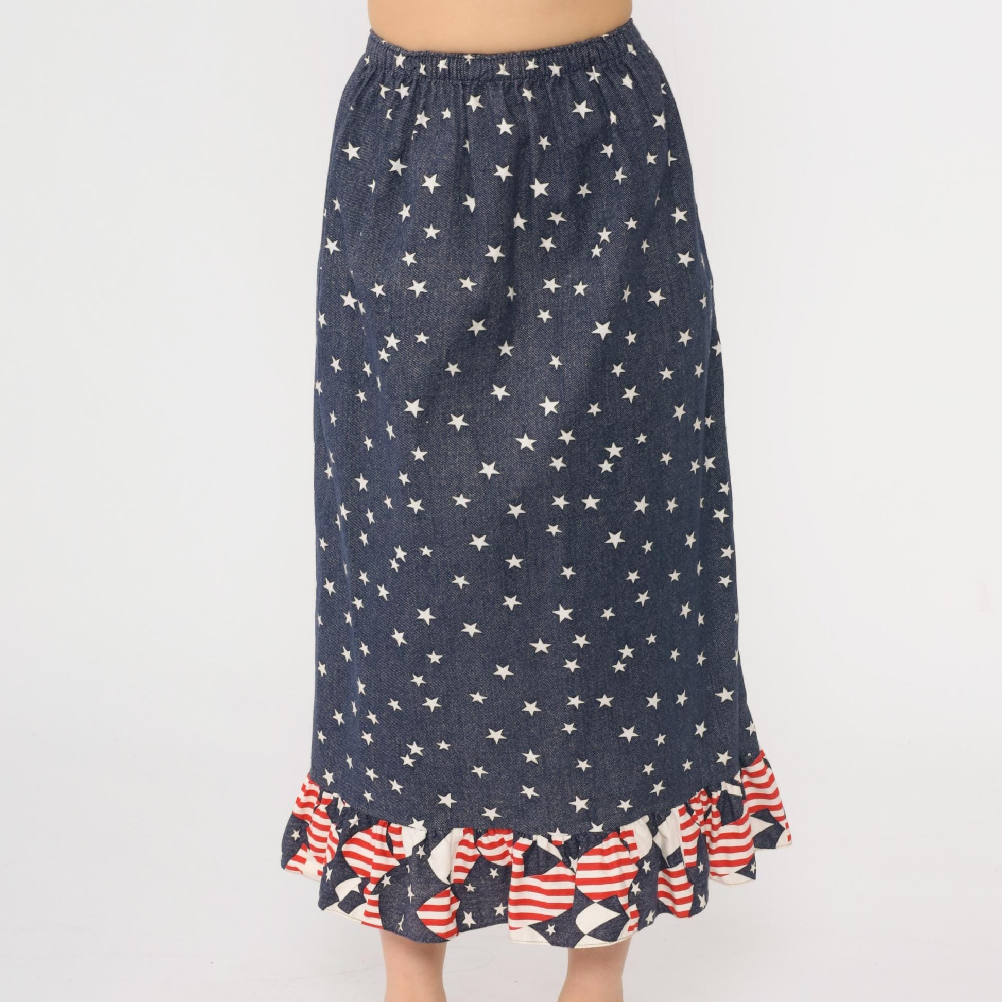 90s Patriotic Midi Skirt American Flag Star Print Ruffle Hem Red White Blue XS