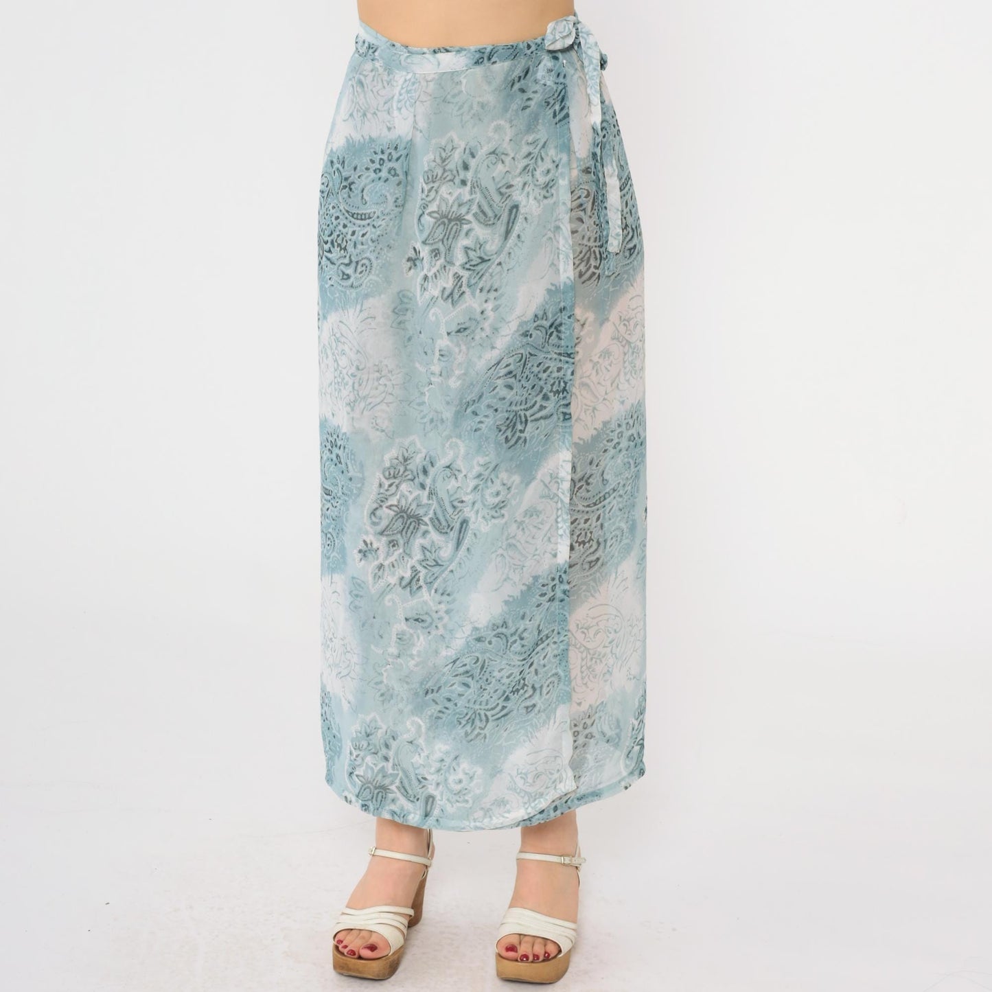 00s Blue Paisley Floral Wrap Maxi Skirt High Waist Tie Ankle Length Small