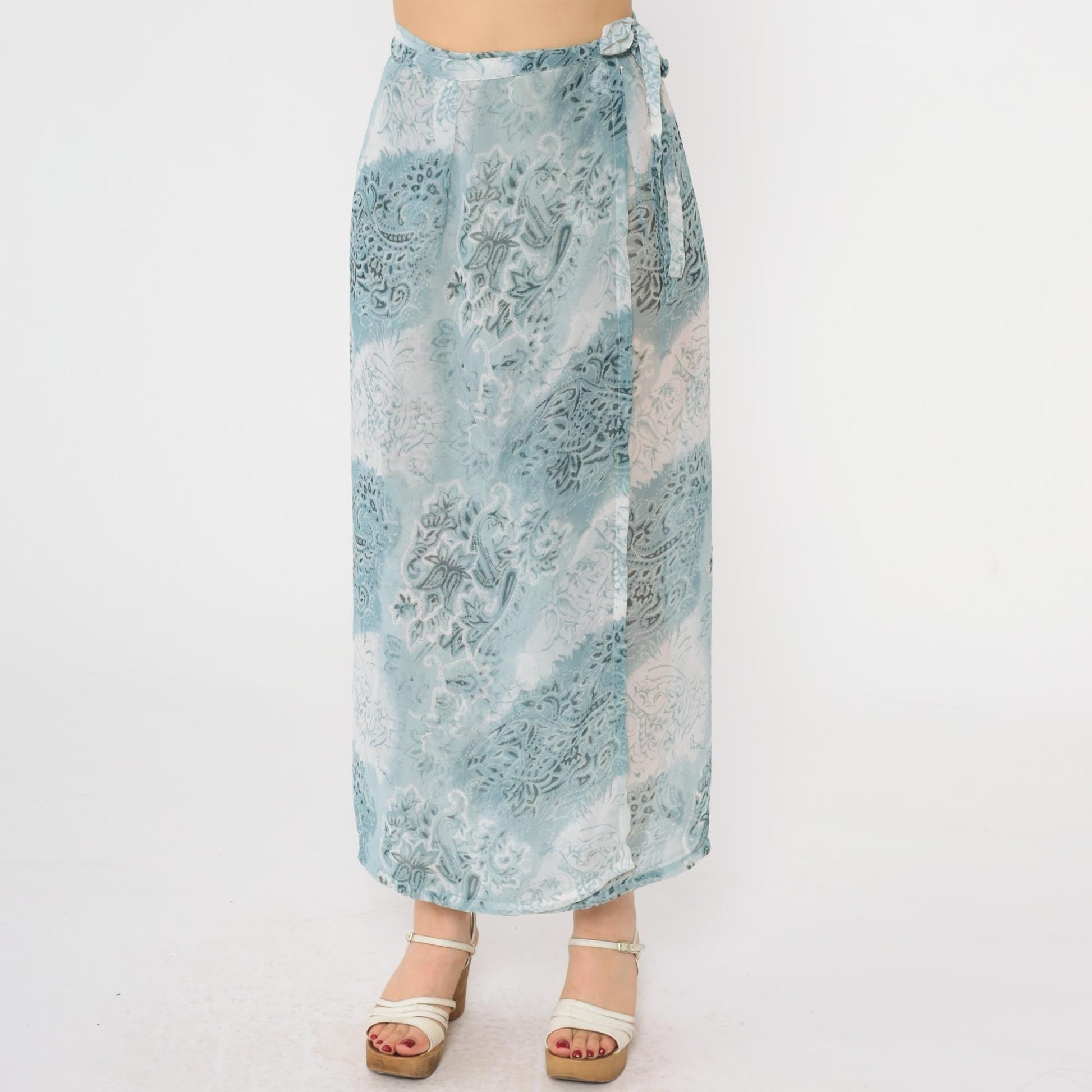 00s Blue Paisley Floral Wrap Maxi Skirt High Waist Tie Ankle Length Small