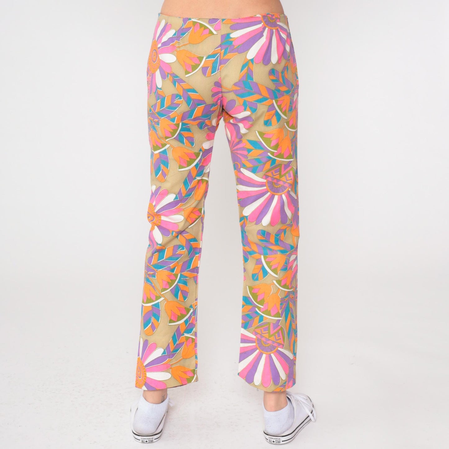 60s Psychedelic Floral Flare Pants Mid Rise Side Zip Medium
