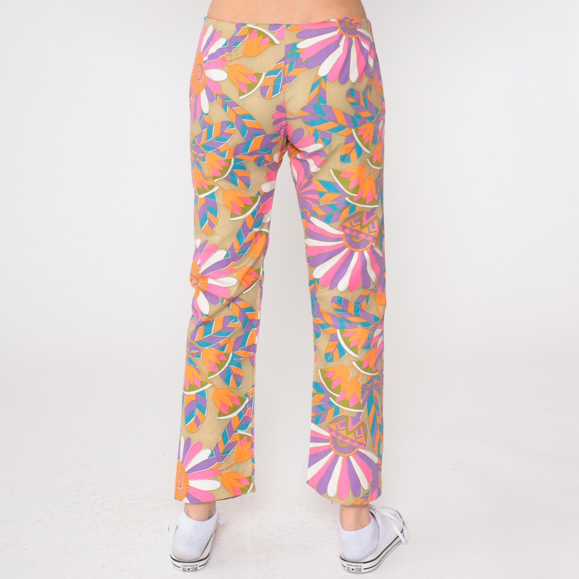 60s Psychedelic Floral Flare Pants Mid Rise Side Zip Medium